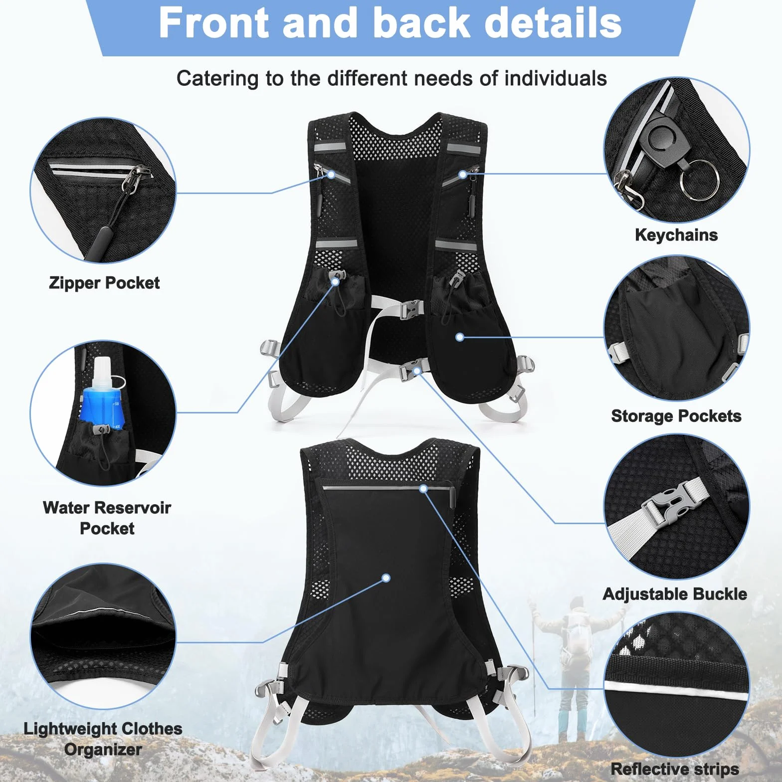 Gilet Running Super Leggero con 2 Borraccia Morbida 500ml, Zaino Trail Running per Uomo e Donna, Cinghie Pettorali Regolabili, Riflettente Traspirante per Corsa Maratona