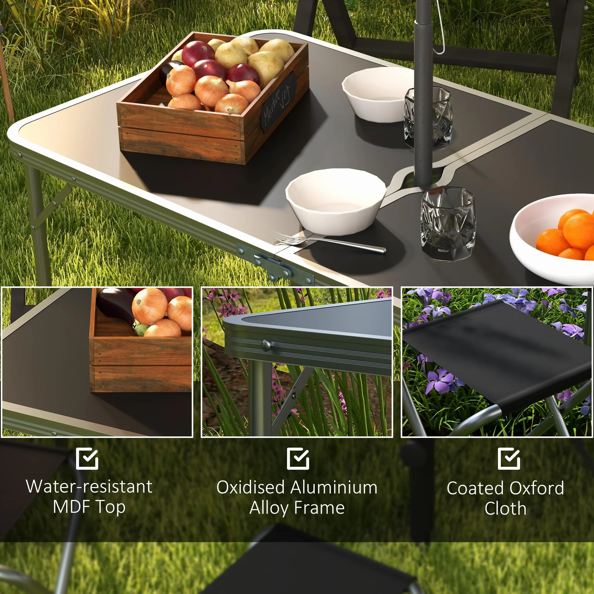 Outsunny 5-Piece Camping Set Tavolo da campeggio pieghevole con sedie regolabile in altezza 120x60x55-70 cm Nero