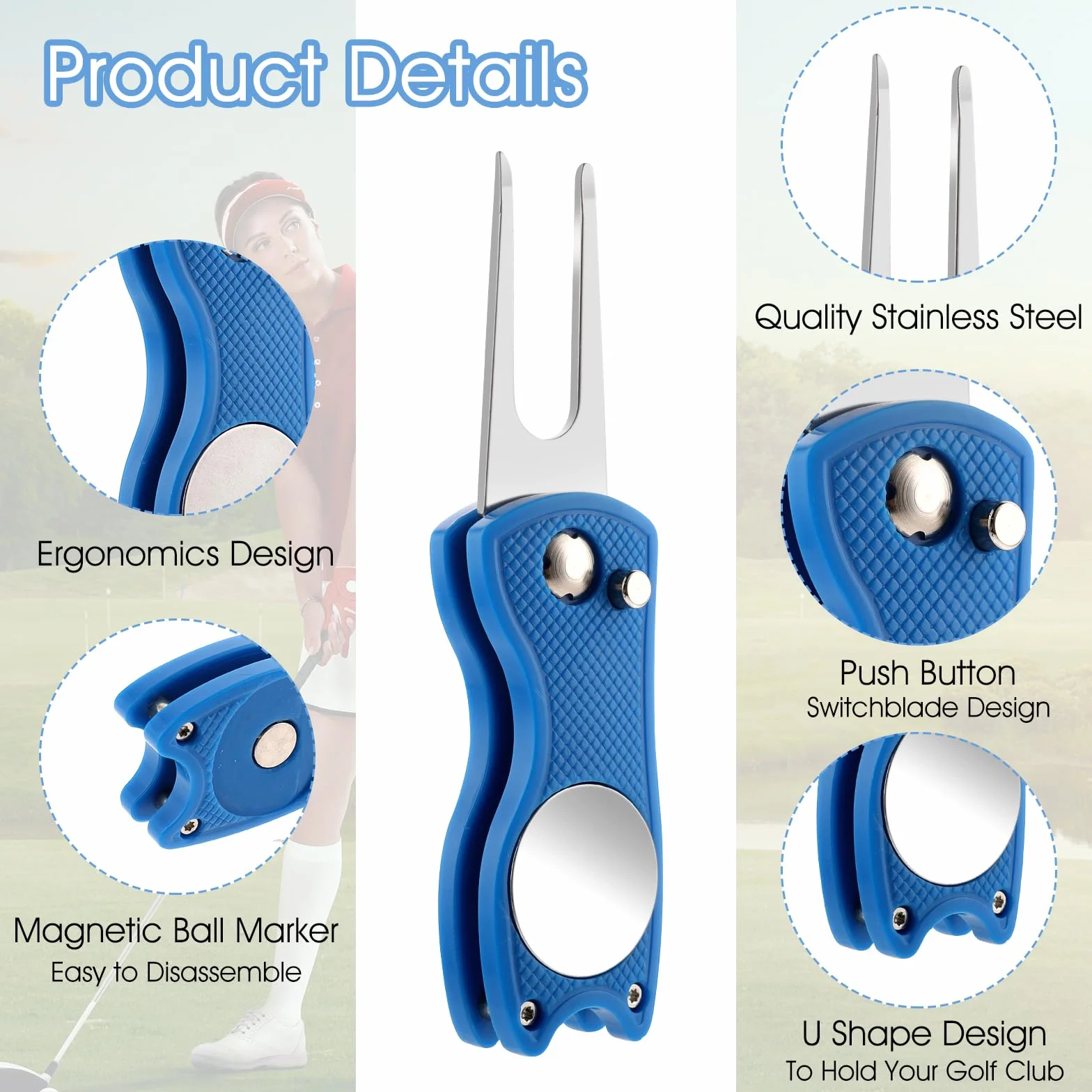 TIESOME Golf Divot Repair Tool z magnetycznym markerem, 2 sztuki, składany, stal nierdzewna