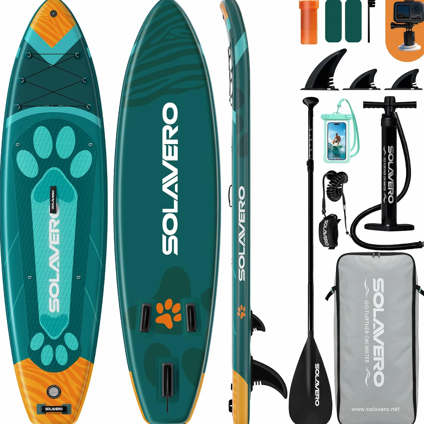 SOLAVERO Tavola da Sup Gonfiabile 323x83x15 cm Antiscivolo EVA Pagaia Regolabile 3 Pinne Fino a 200kg