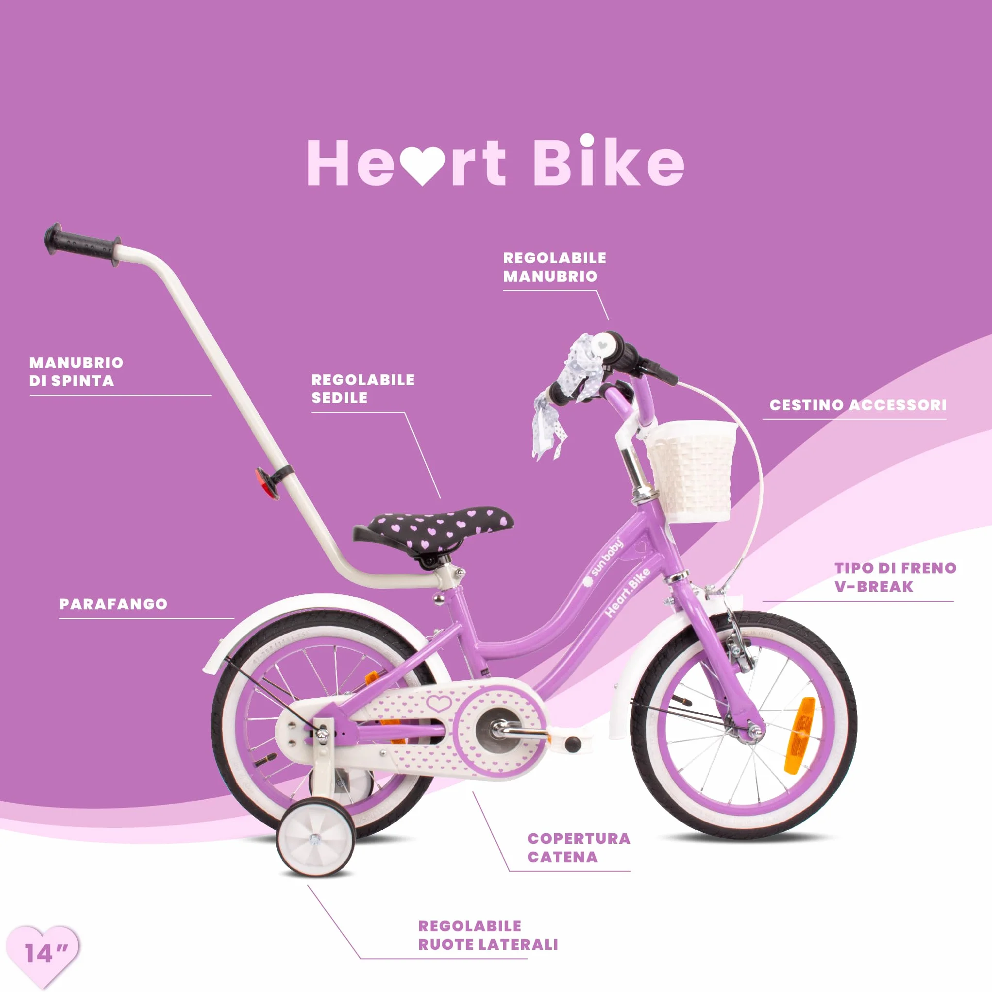 Sun Baby Heart Bike Bicicletta bambina 12/14/16 pollici, bici con rotelle, barra di spinta, cestino, campanello