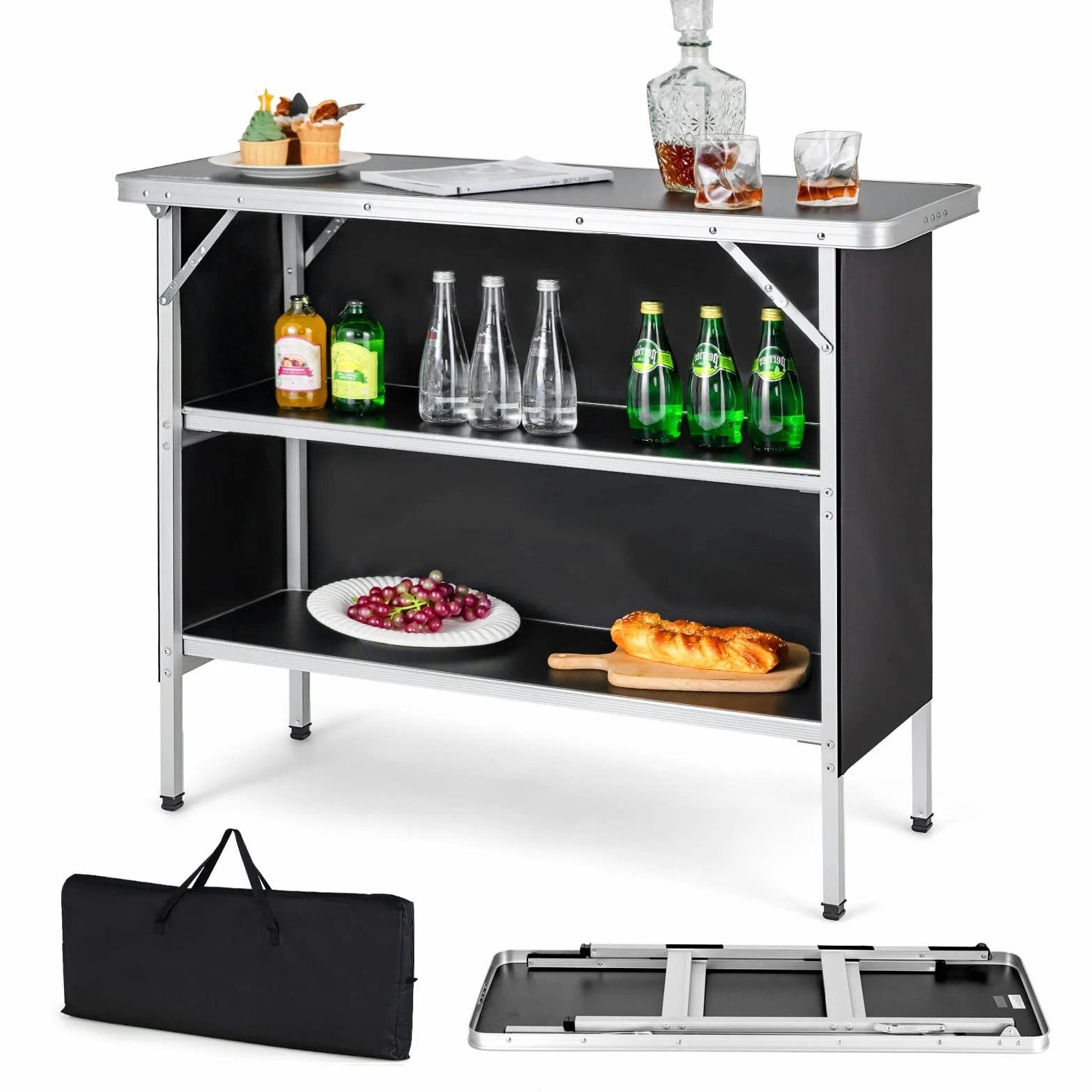 COSTWAY Cucina da Campeggio Pieghevole con Telaio in Alluminio 3 Ripiani Borsa Trasporto Nero
