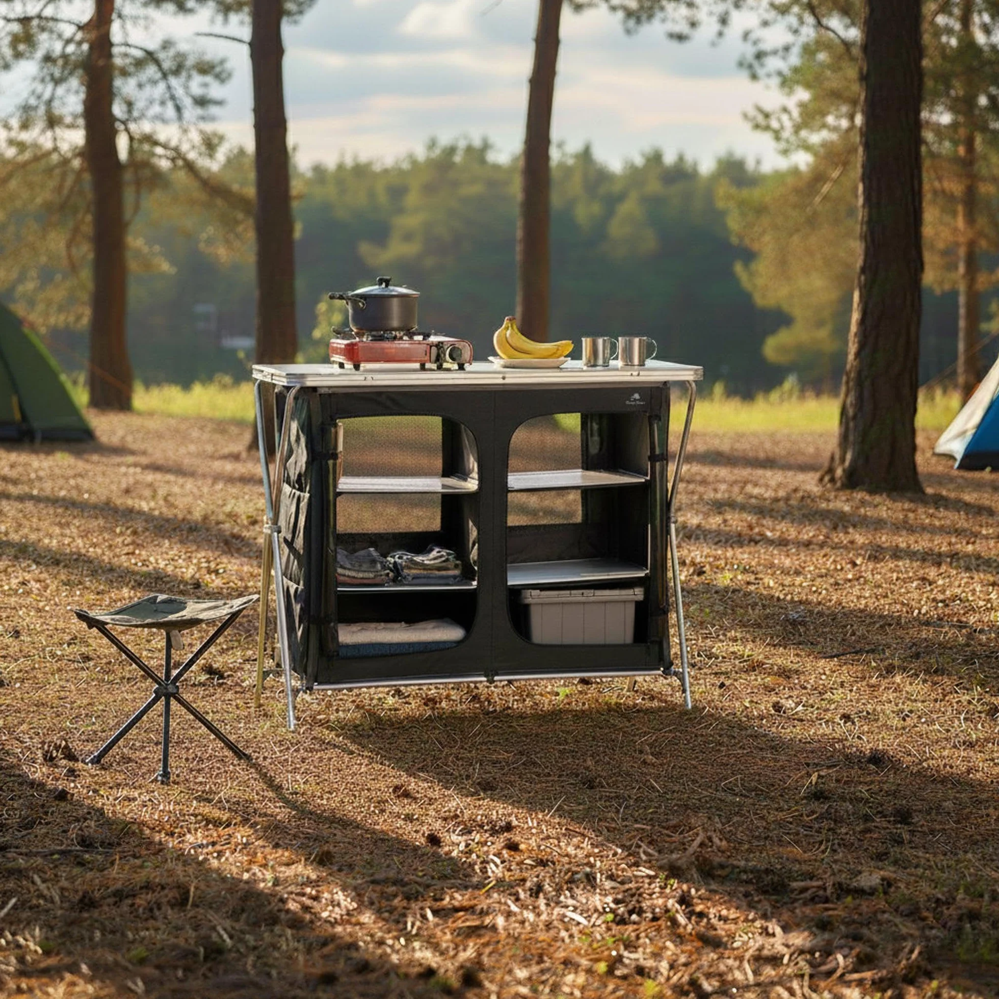 CampFeuer Armadio da campeggio pieghevole 110x47x90 cm Cucina da campeggio 2 aperture cerniera Scaffale da campeggio alluminio