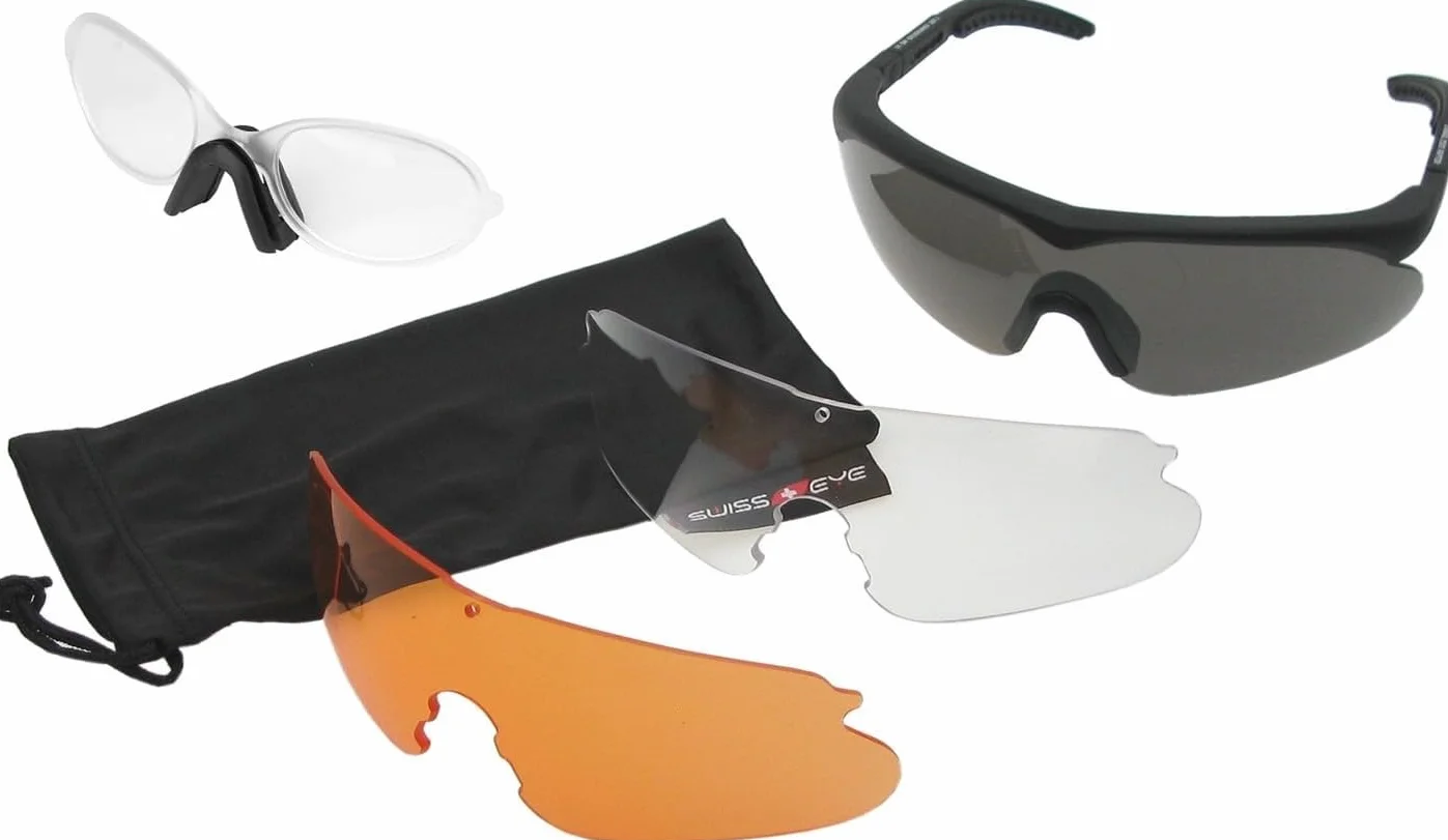 Swiss Eye® Raptor Set con Clip Adattatore per Occhiali Balistici, Occhiali da Tiro, Sportivi, Lenti Intercambiabili