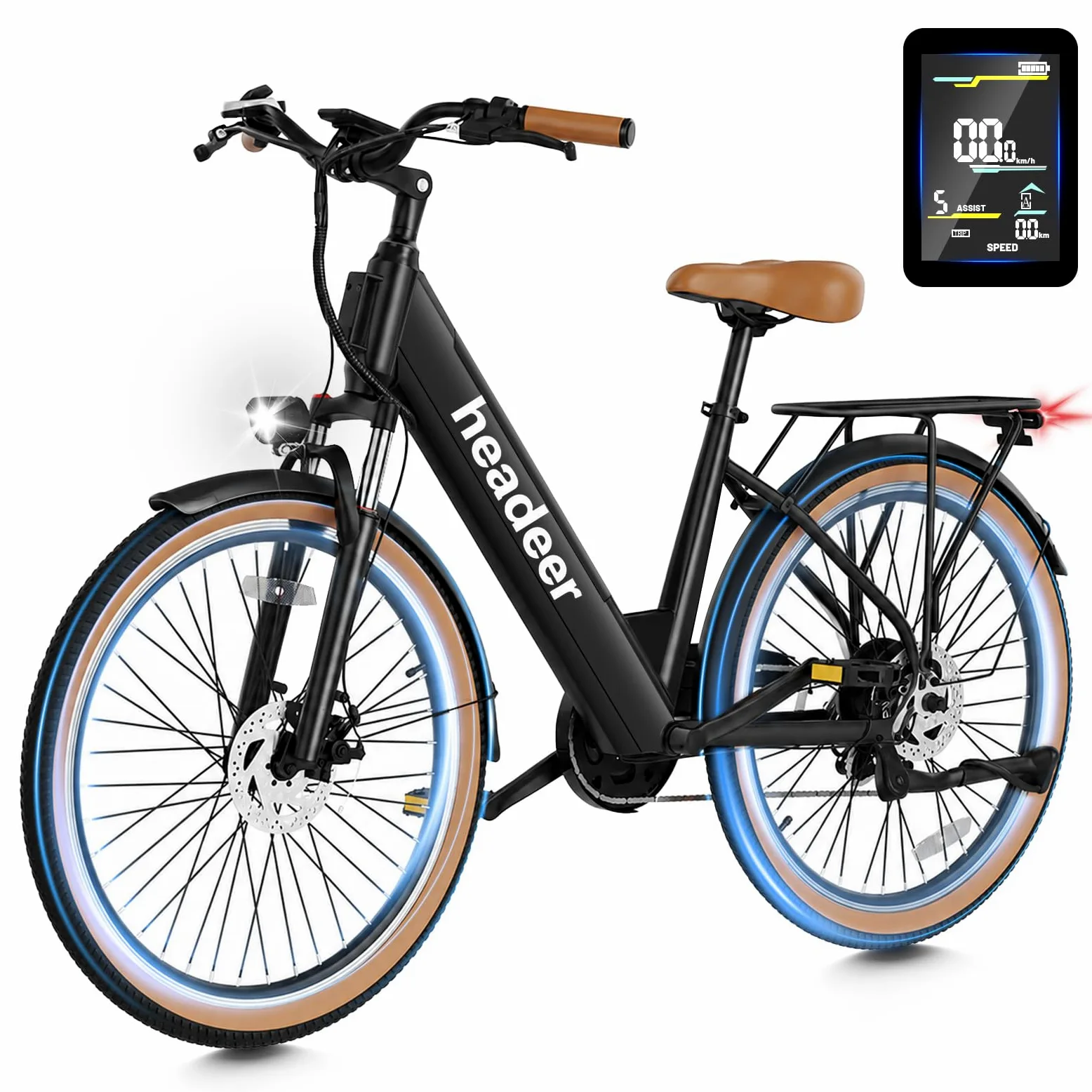 HEADEER BD26195 Bici Elettrica Per Adulti Da 26", Batteria Rimovibile 48V 11.5Ah, Autonomia 80KM (PAS), Bicicletta Elettrica Donna con 7 Velocità, Display a Colori & Forcella Ammortizzata con Blocco