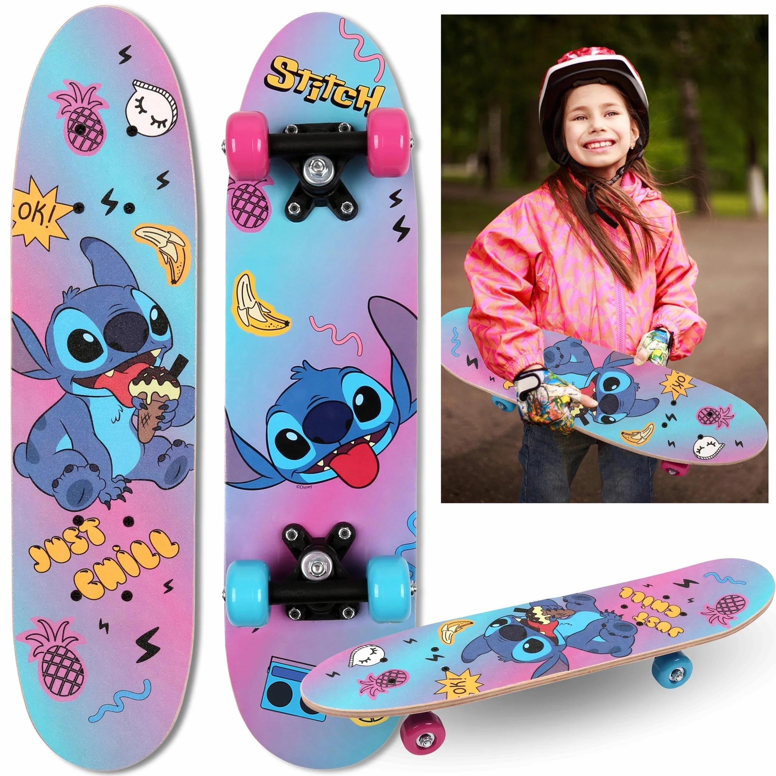 DISNEY Stitch Skateboard in legno 61cm, antiscivolo, leggero e stabile 20-50kg