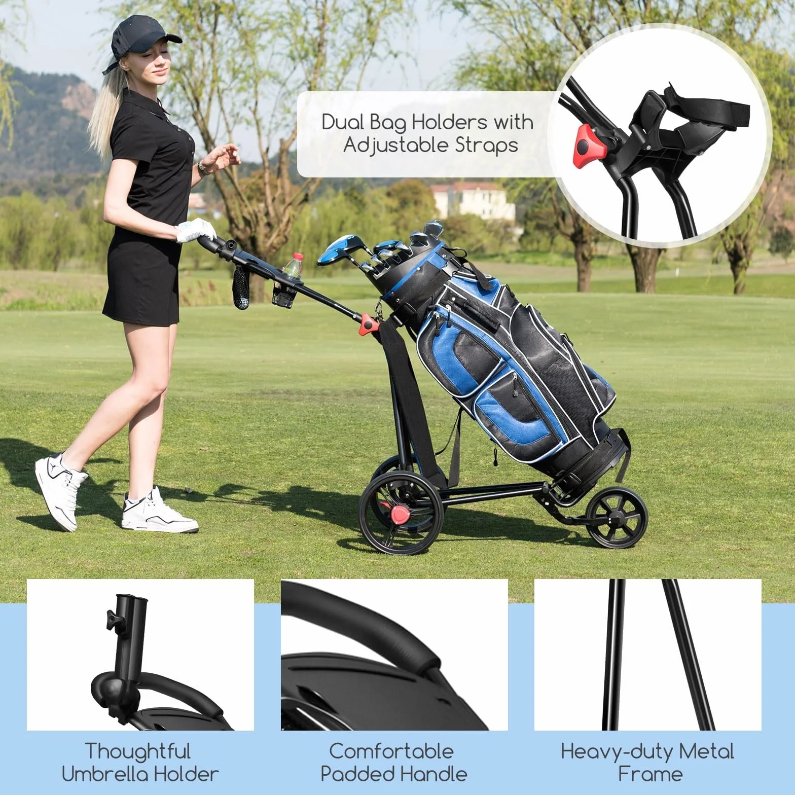 LIFEZEAL Carrello da Golf Pieghevole a 3 Ruote, Maniglia Regolabile TPR, Freno a Pedale, Ferro, Portaombrelli, Nero