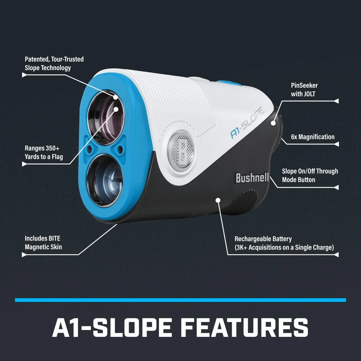 Bushnell Telemetro laser da golf A1‑Slope – Ingrandimento 6× ultracompatto, ricaricabile con USB‑C, Pinseeker JOLT, Pendenza On/Off