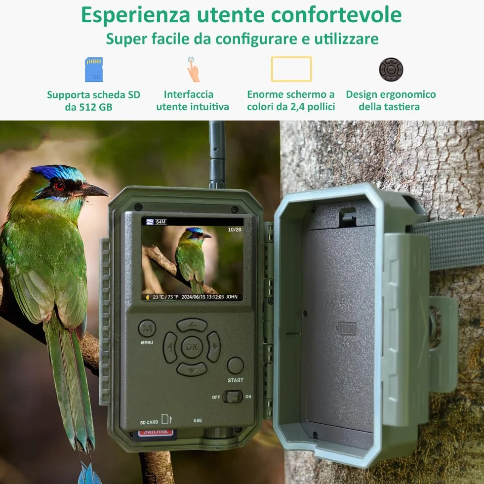 GardePro E8 Fototrappola WiFi Bluetooth 64MP 1296P H.264 Video Notturna IP66 No-Glow IR 30m