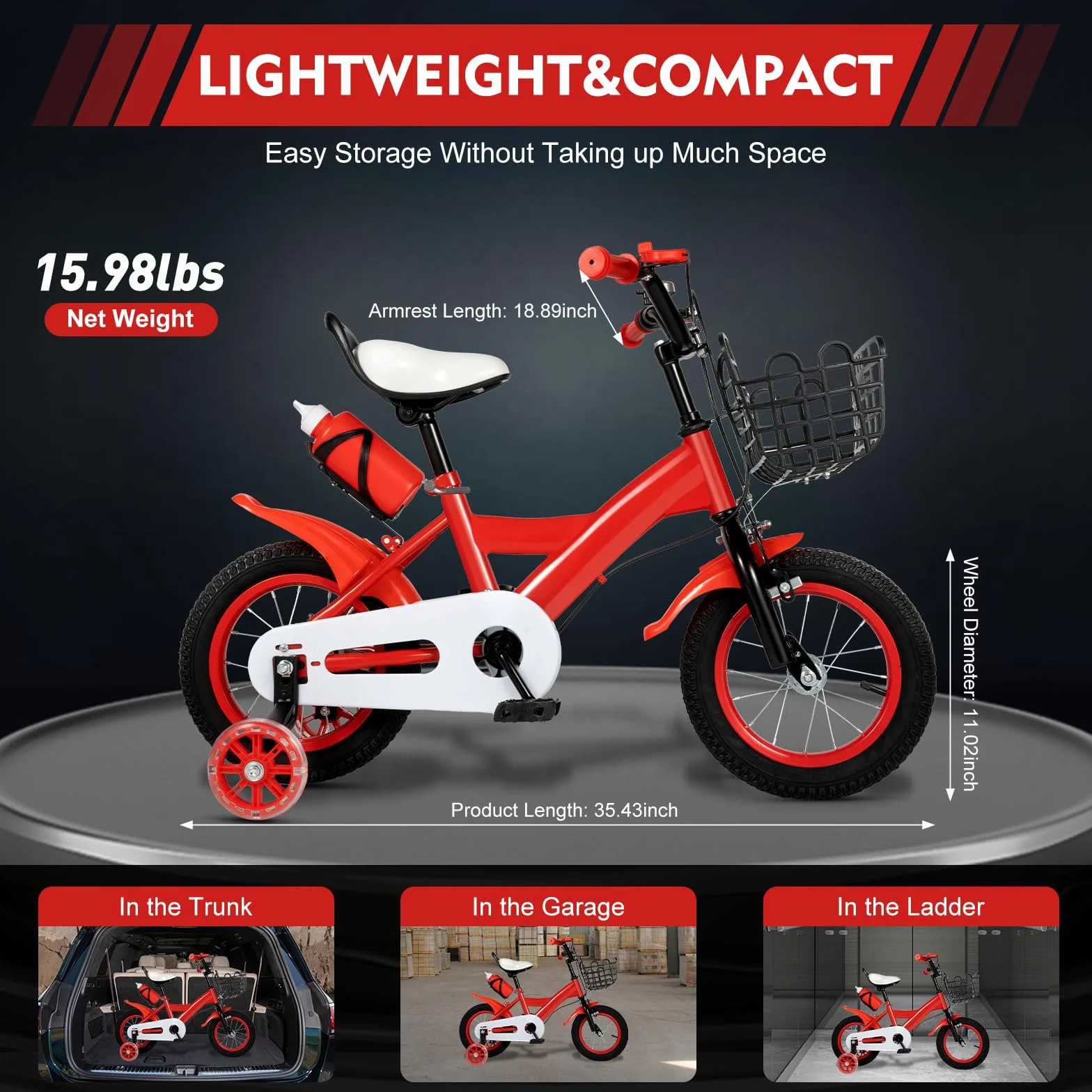 Bicicletta Bambini 12 Pollici 3+ Anni Ruote Supporto Manubrio Sella Regolabile