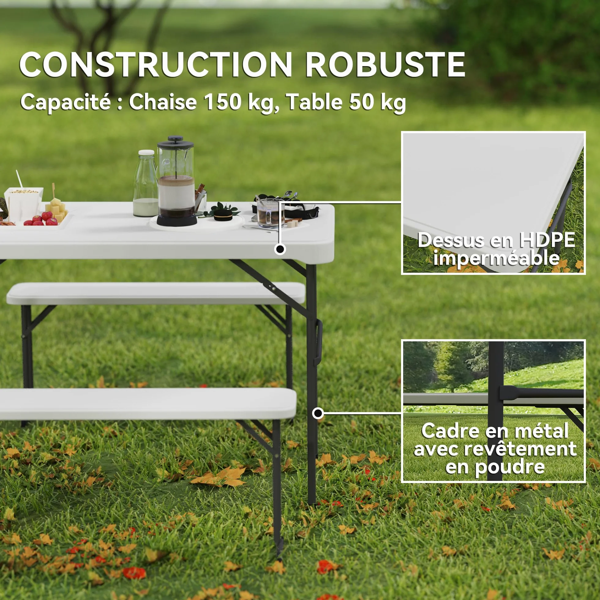 Outsunny Set tavolo pieghevole e panche da picnic 113 cm, grigio chiaro