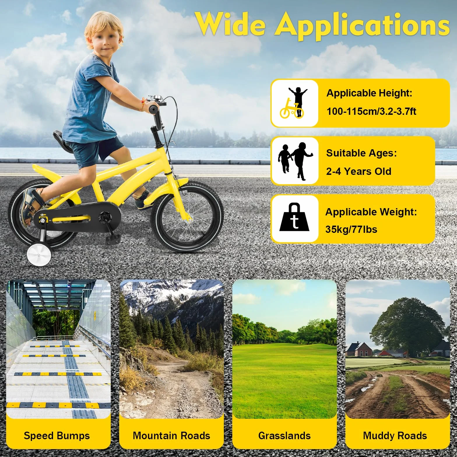 Bicicletta per Bambini 14 Pollici con Ruote di Sostegno, Sedile Regolabile, Manubrio, Catena Inclusa