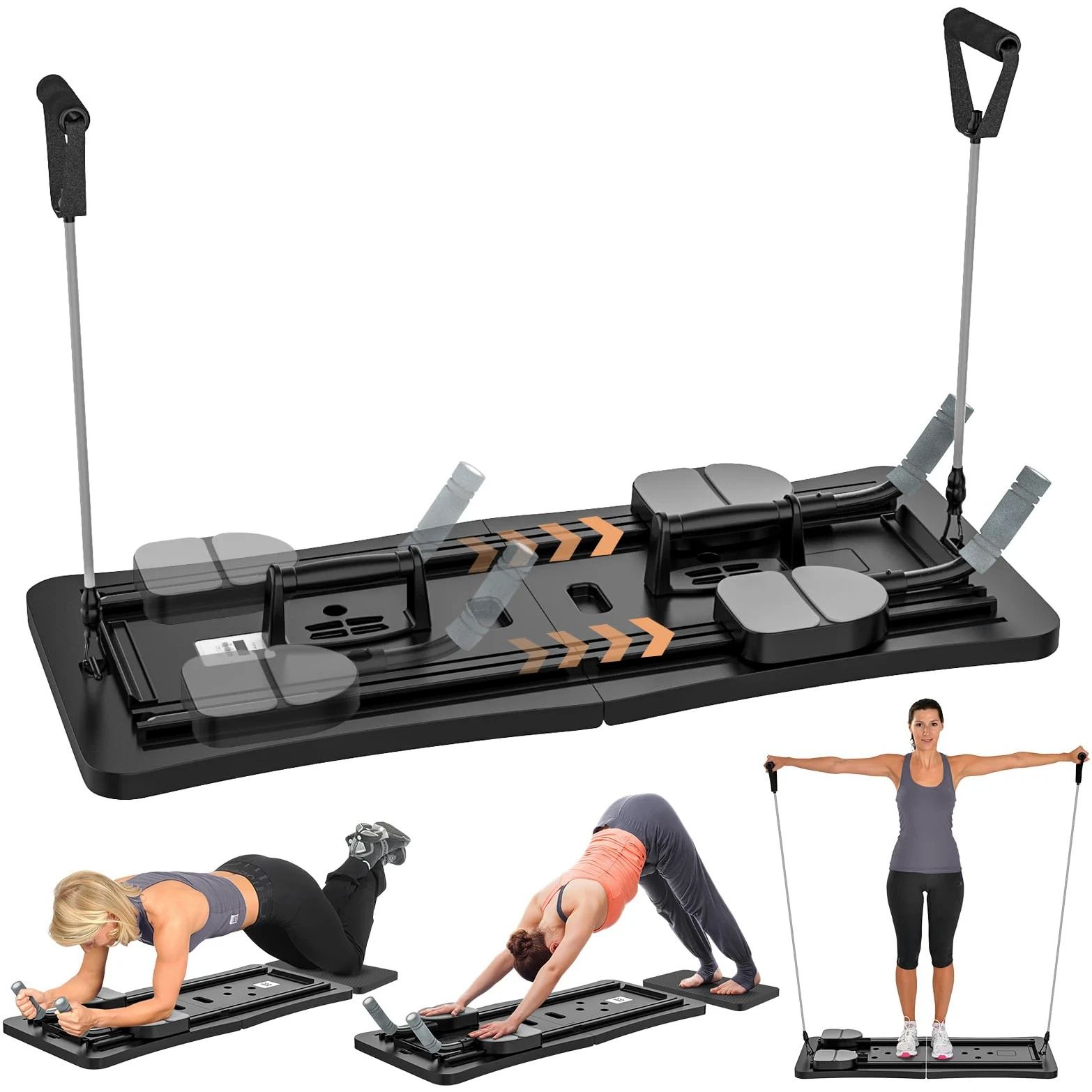 Pilates Reformer, 5 in 1 Pilates Board Pieghevole con Timer e Porta Cellulare, Macchina per Pilates Tavola Addominale Multifunzionale, Set di Pilates Reformer per Casa e Palestra