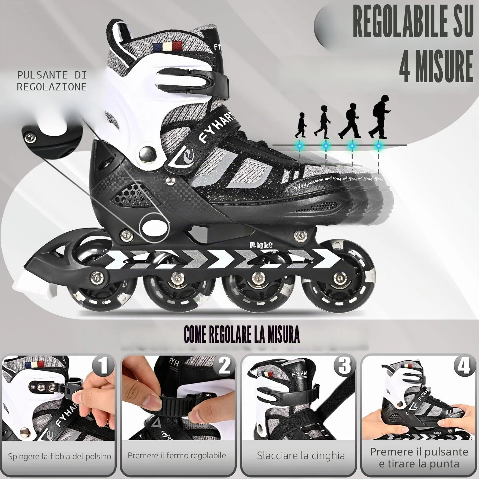 Pattini in linea regolabili per bambini e adulti, a 4 ruote con ruote luminose, Nero Bianco