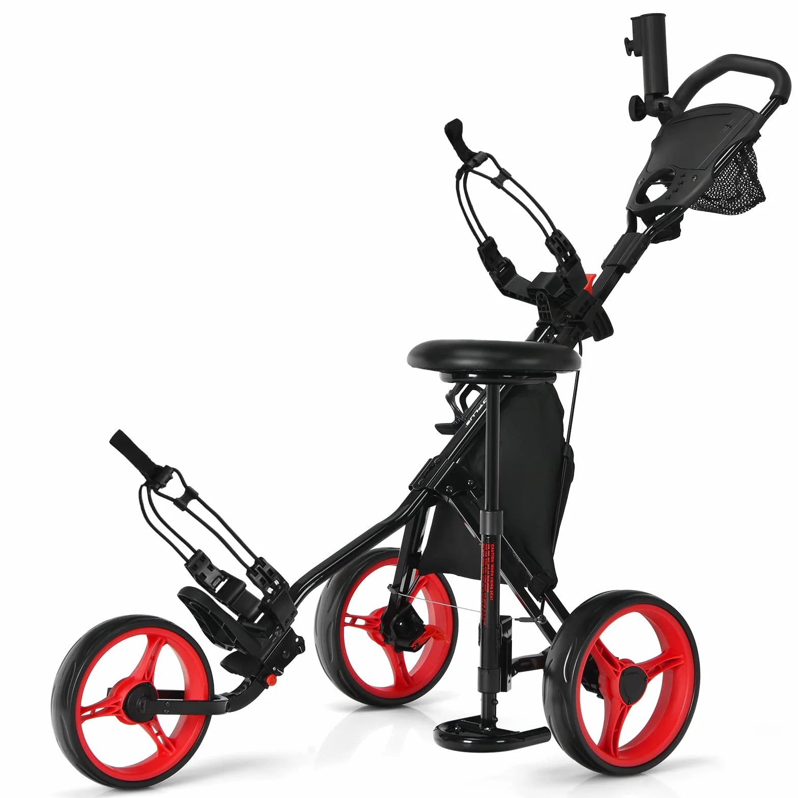 COSTWAY Carrello da Golf Pieghevole 3 Ruote, Trolley Altezza Regolabile Alluminio con Sedile, Porta Ombrello e Porta Bevande