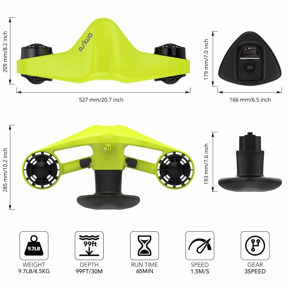 Asiwo Scooter Subacqueo PRO Elettrico Seascooter a Doppio Motore Impermeabile con Action Camera Mount