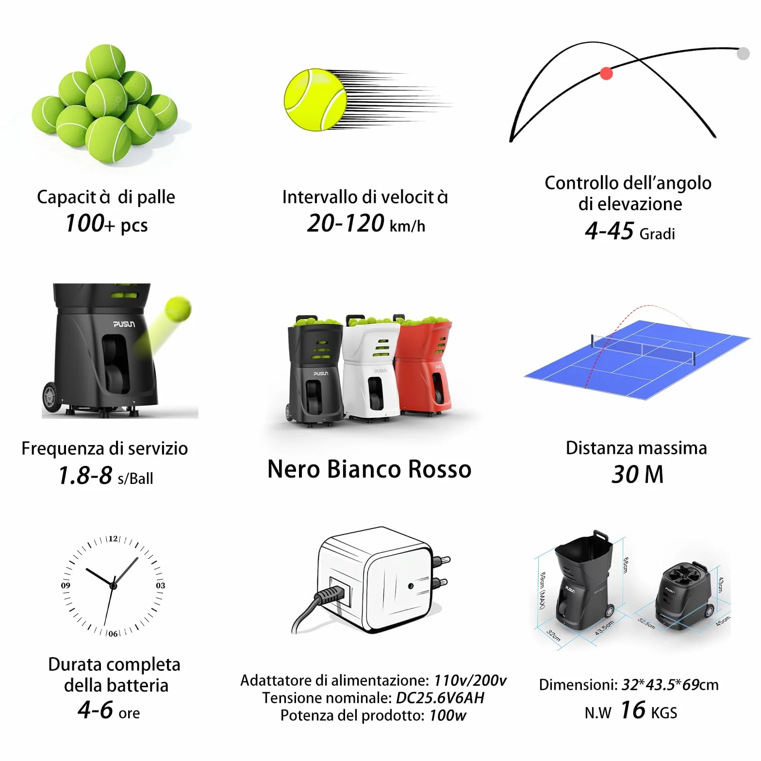 PT-Smart Macchina per palline da tennis con app telecomando Lanciatore elettronico portatile Batteria 4-6 ore Oscillazione Topspin Backspin