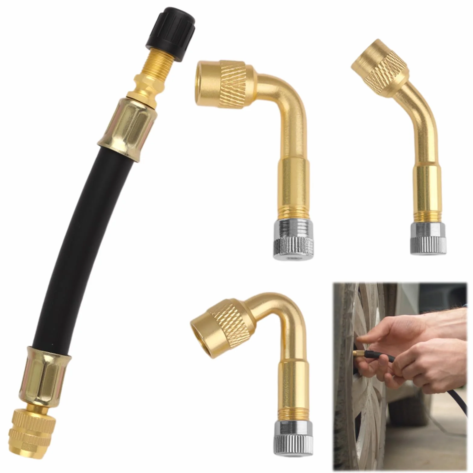 Rallonge di Valvola per Pneumatico 1pc, Adattatore in Rame Puro per Auto, Moto e Scooter, Valvola Angolare 45° 90° 135° e Flessibile 125mm per Gonfiaggio Veloce Pneumatici