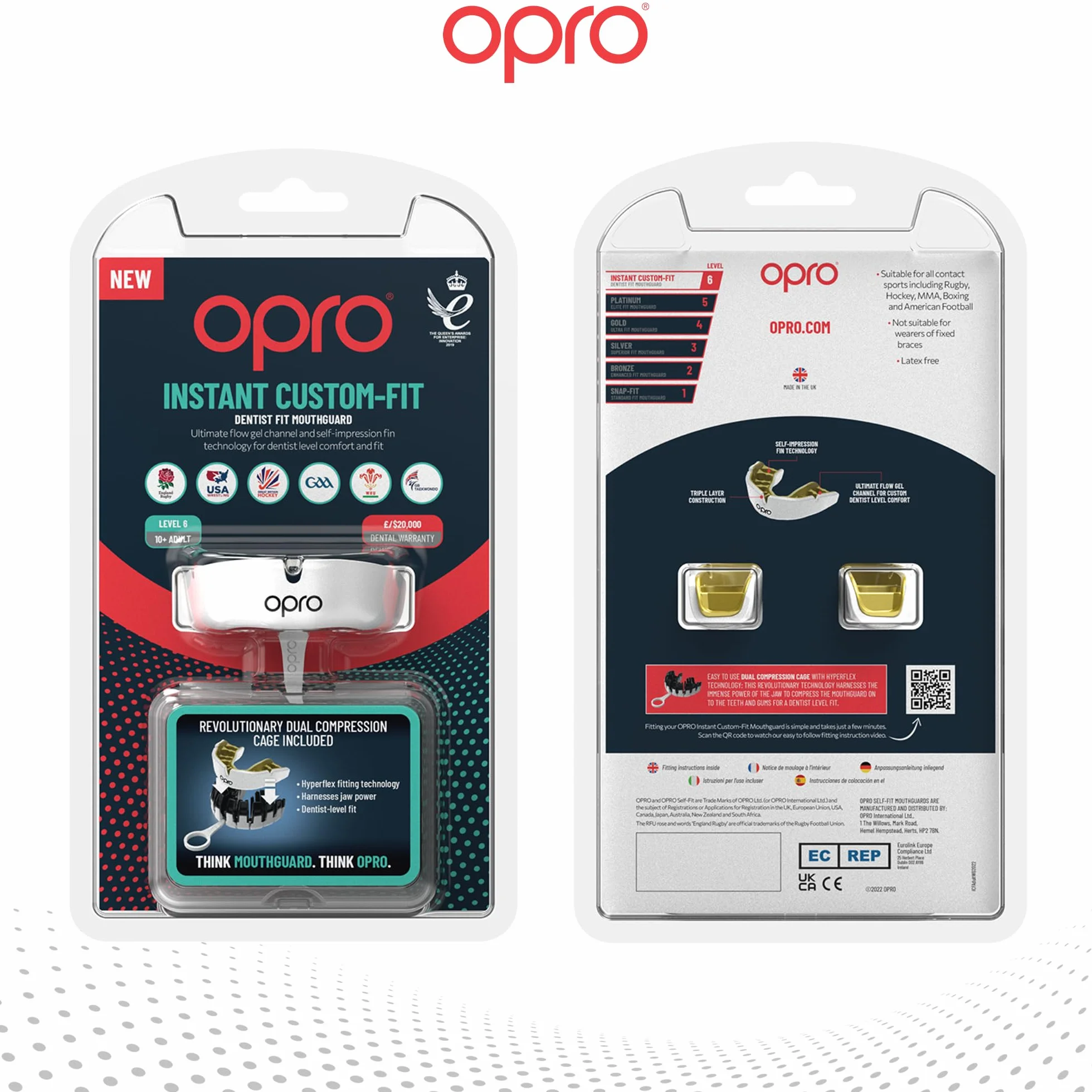 OPRO Paradenti Instant Custom-Fit - Protezione Dentale per Boxe, MMA, Rugby, Hockey - Automodellante