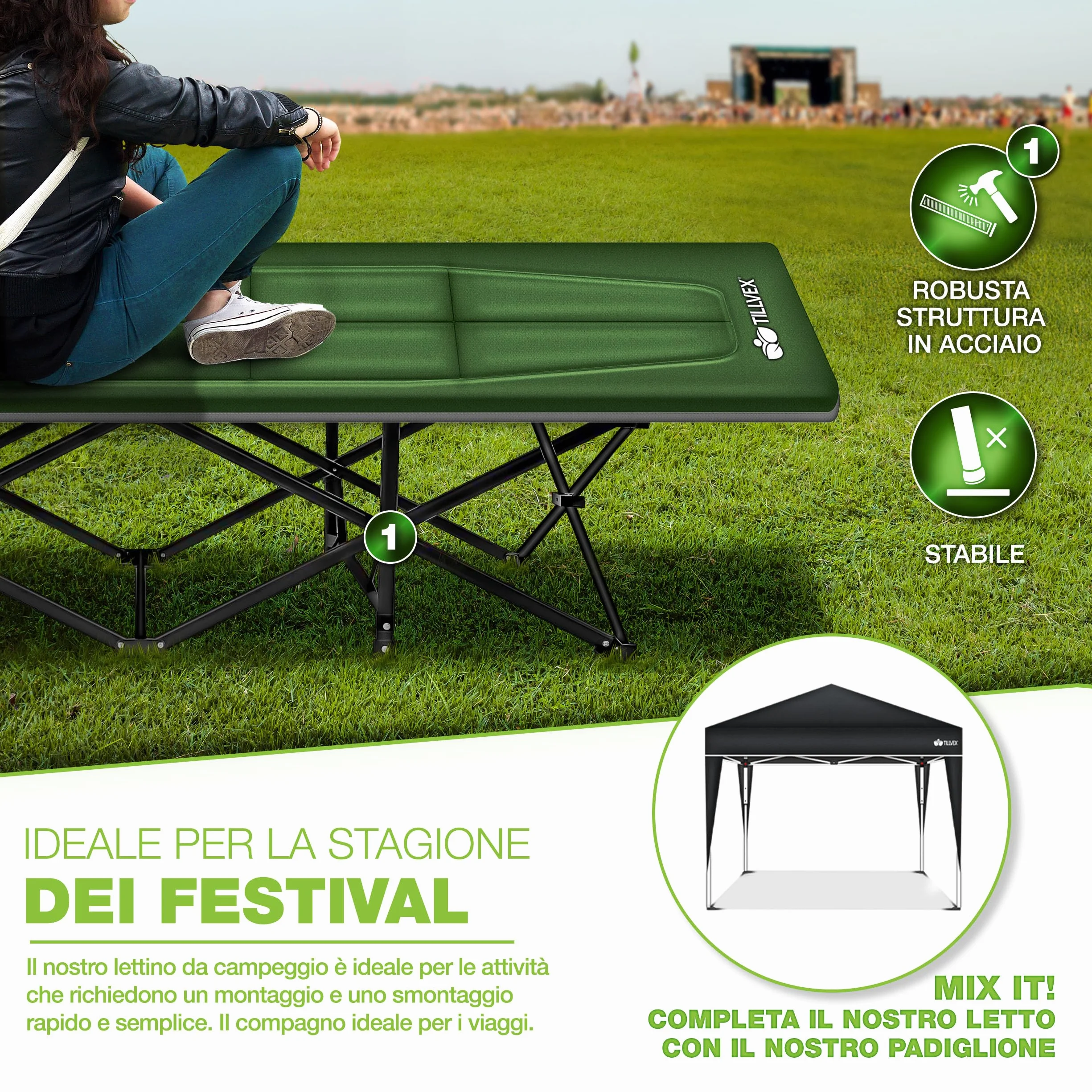 tillvex® Letto da campeggio pieghevole con borsa trasporto 200 kg extra largo