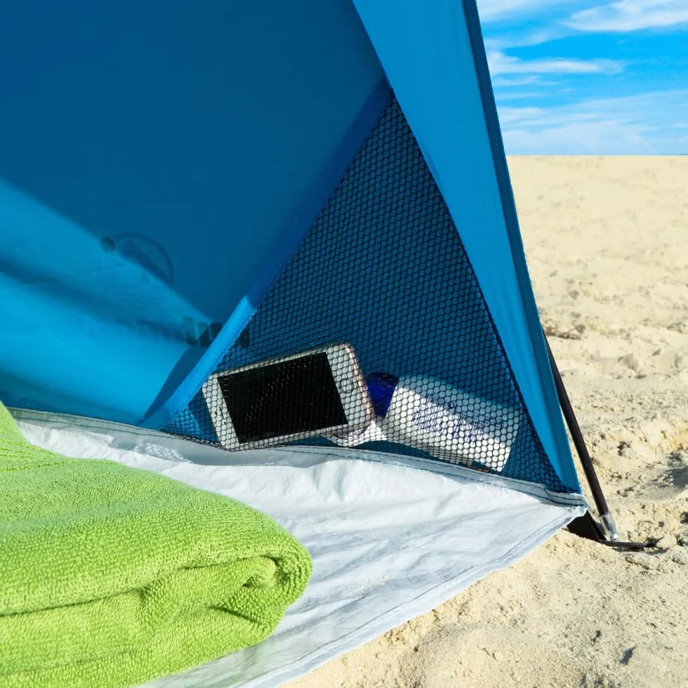 outdoorer tenda da spiaggia Helios Air, blu, UV 80, compatta, ventilata — tenda da spiaggia da viaggio
