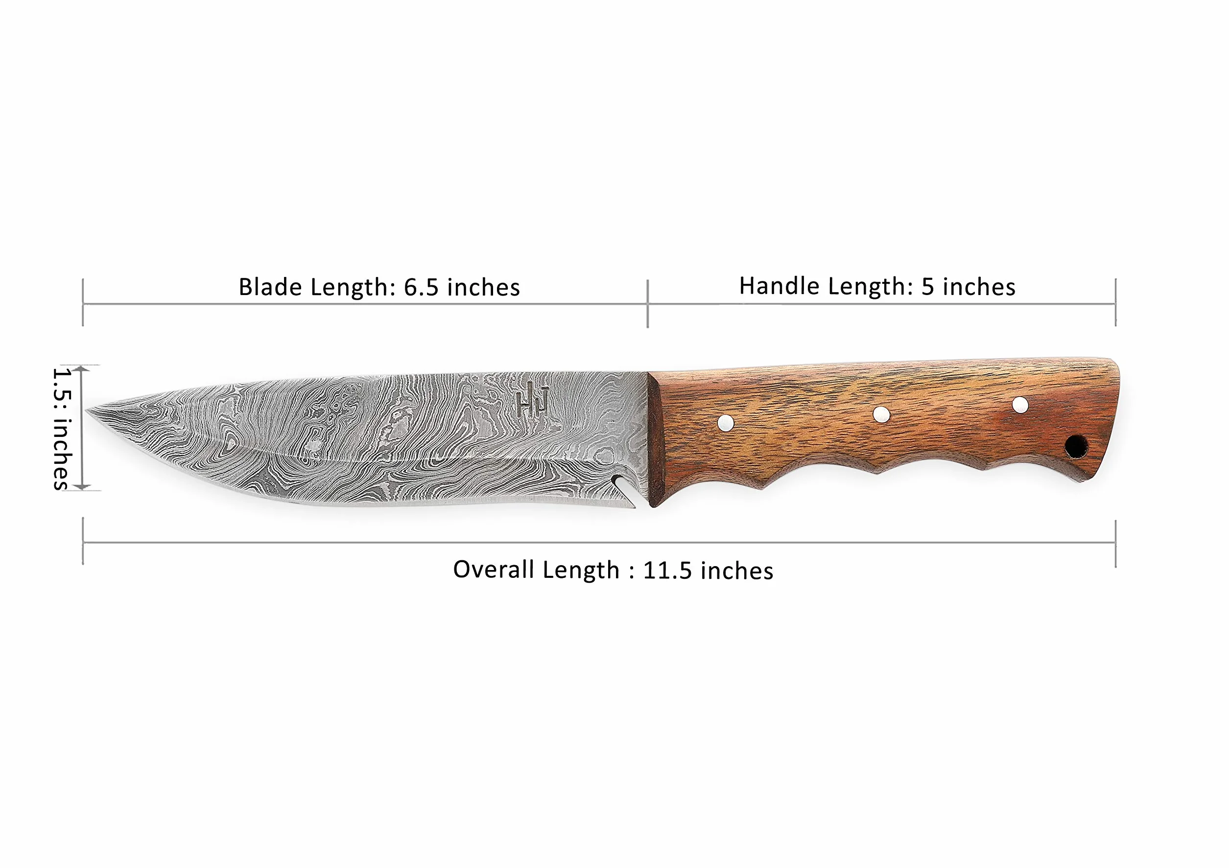 Hobby Hut HH-401, 11,5 Pollici Bushcraft Coltello in Acciaio Damasco | Coltello da Caccia, Manico in Legno di Noce | Fodero in Pelle | Lama affilata del Rasoio all'aperto
