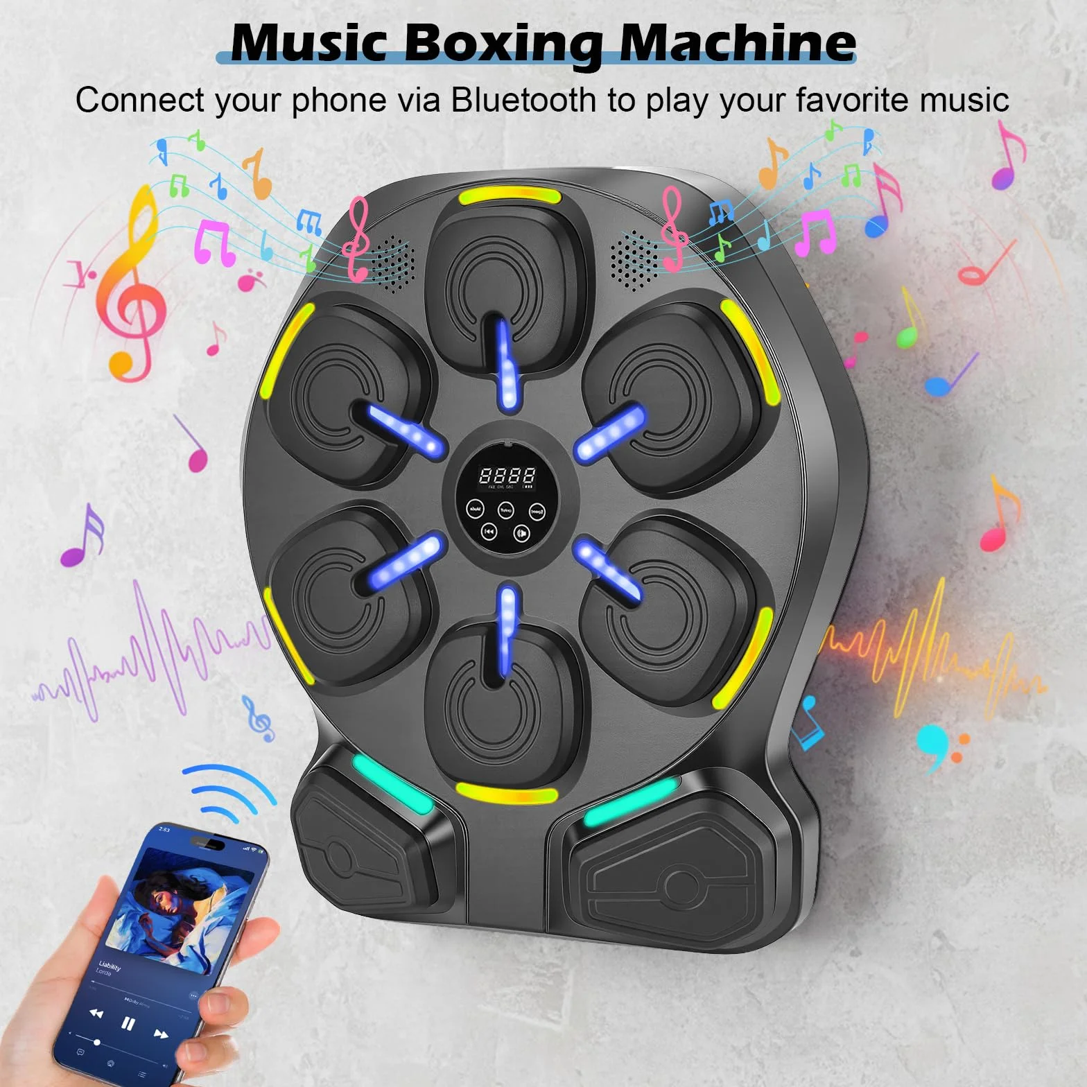 Macchina da boxe con musica, montaggio a parete, 9 modalità e 9 livelli di velocità, allenatore musicale con illuminazione a LED e Bluetooth, guantoni da boxe, per casa, ufficio e palestra
