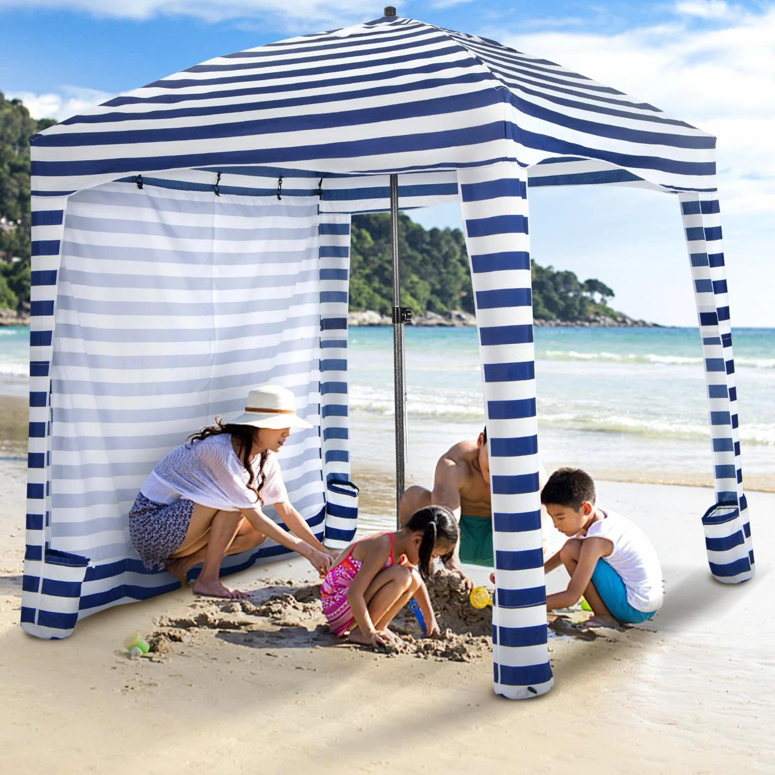 HOMASIS Tenda da Spiaggia Portatile 1,8 x 1,8 m, Parasole Spiaggia con Protezione Solare Regolabile in Altezza, Gazebo con Parete Laterale Rimovibile, Tenda con Borsa per il Trasporto (Blu)