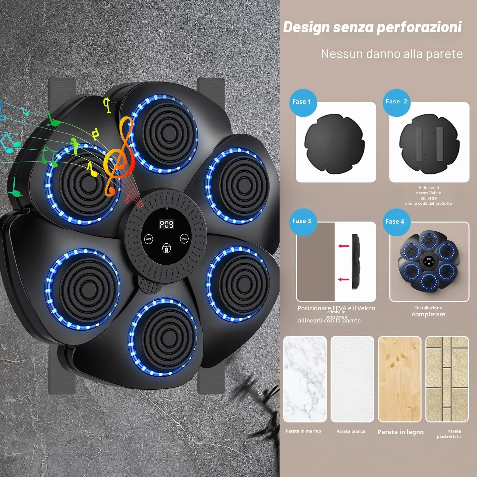 Macchina da boxe musicale, versione 2024 intelligente con Bluetooth e guanti da boxe, montabile a parete, 9 modalità di velocità e di conteggio, per adulti e bambini