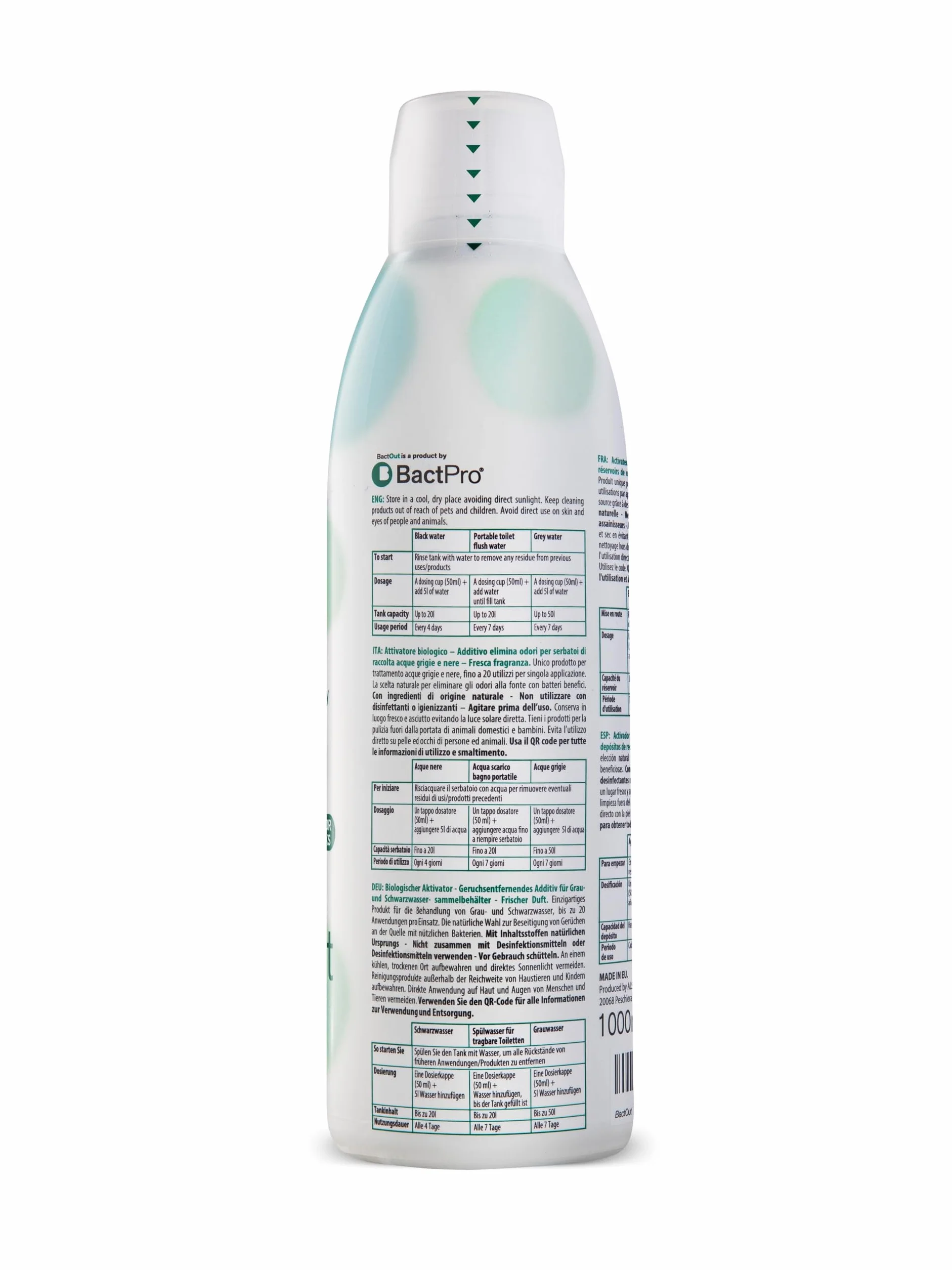 BactPro BactOut Additivo elimina odori per serbatoi acque nere e grigie 1L tappo dosatore