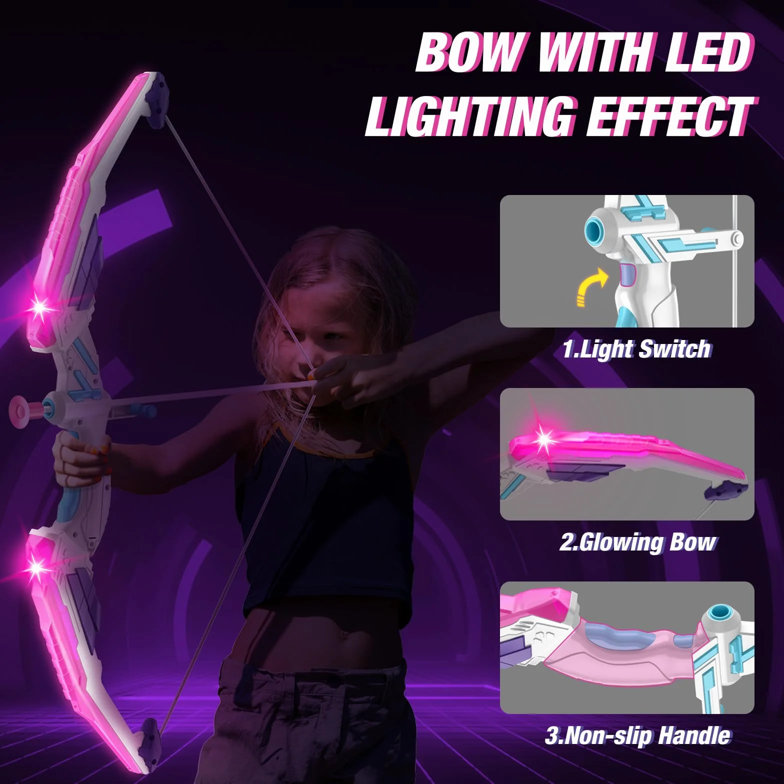 HYES Arco e Frecce per Bambini con Luci LED, Set Giocattoli Tiro con l'Arco con Ventose e Bersaglio