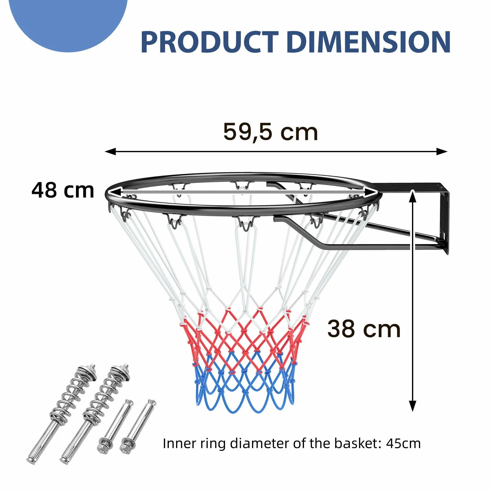 LIFEZEAL Canestro da basket da parete Ø 45 cm, anello con supporto e rete, metallo per interni ed esterni