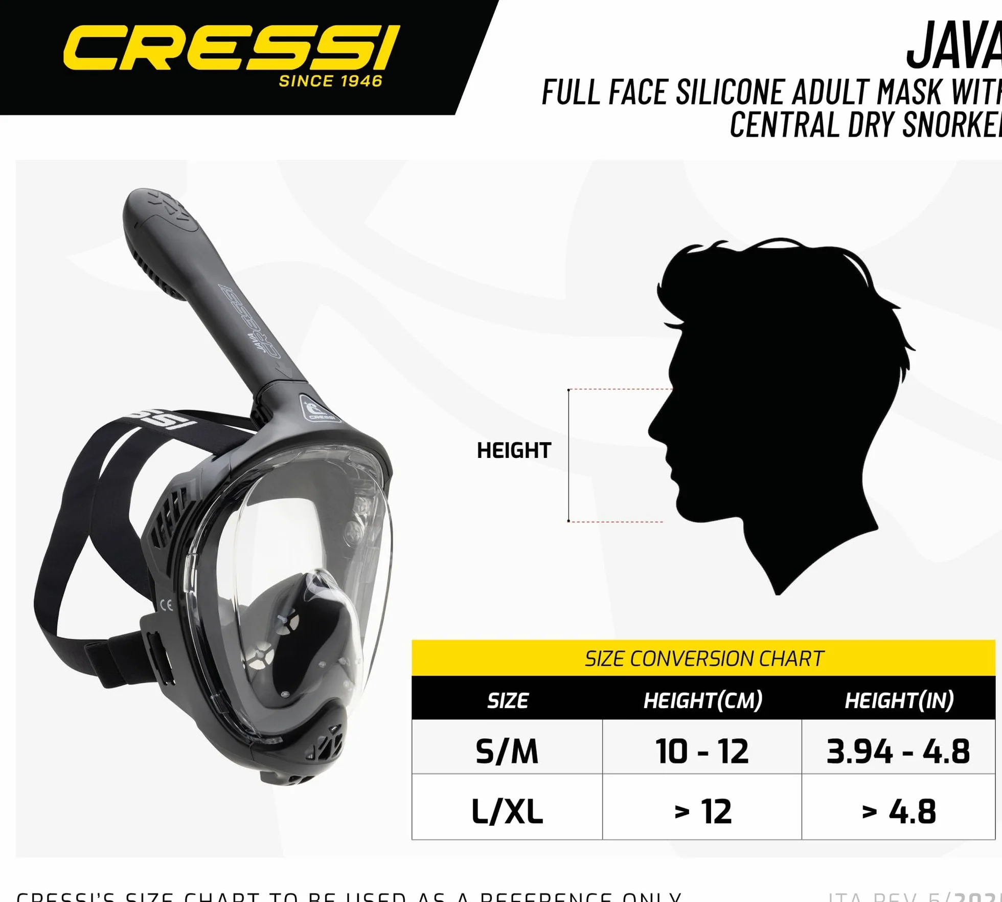 CRESSI Java Full Face Mask Snorkeling Integrale Compact Fit Anti Fog 100% Silicone Dry Snorkel