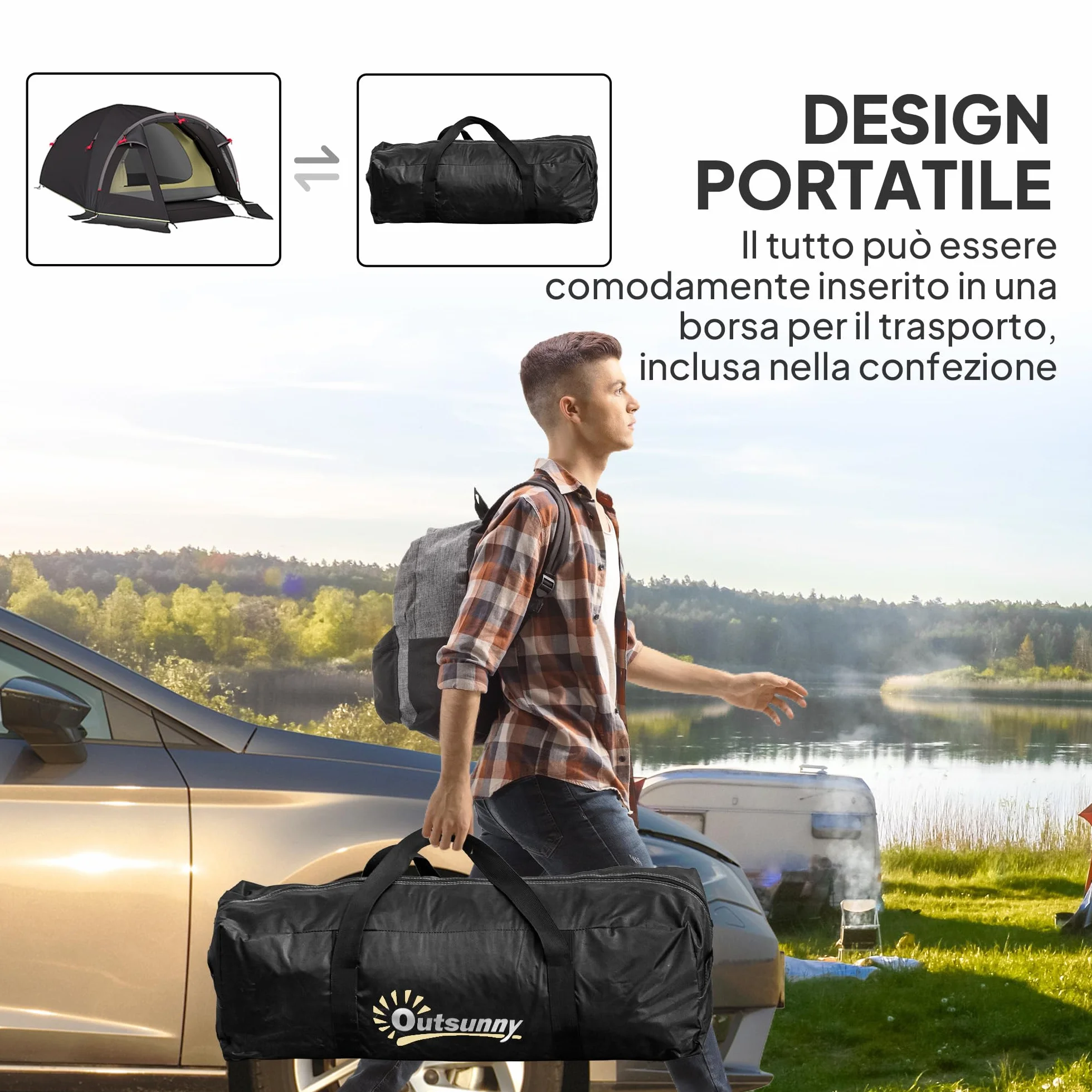 Outsunny Tenda da Campeggio a Tunnel per 2 Persone 2 Stanze Impermeabile 3000mm 330x190x120 cm Nero