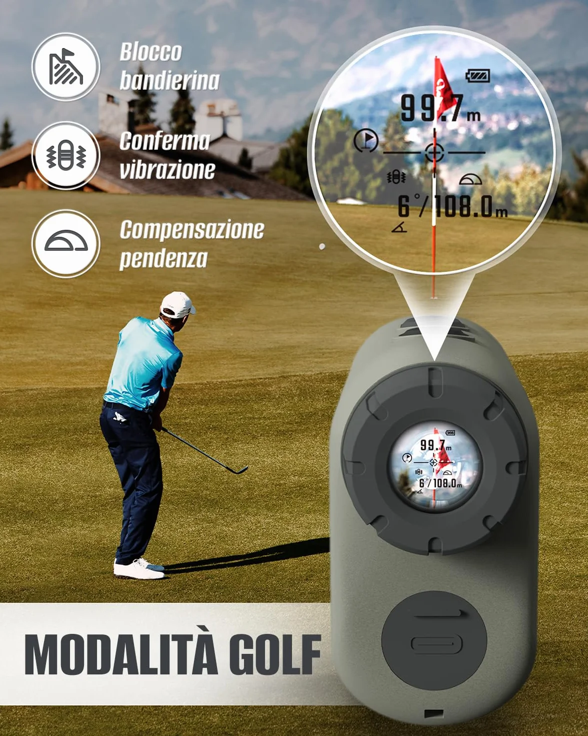 Inkerma Telemetro Caccia Golf 1000/1200M Ricaricabile 6X LCD Angolo Compensazione Pendenza Hunter-E