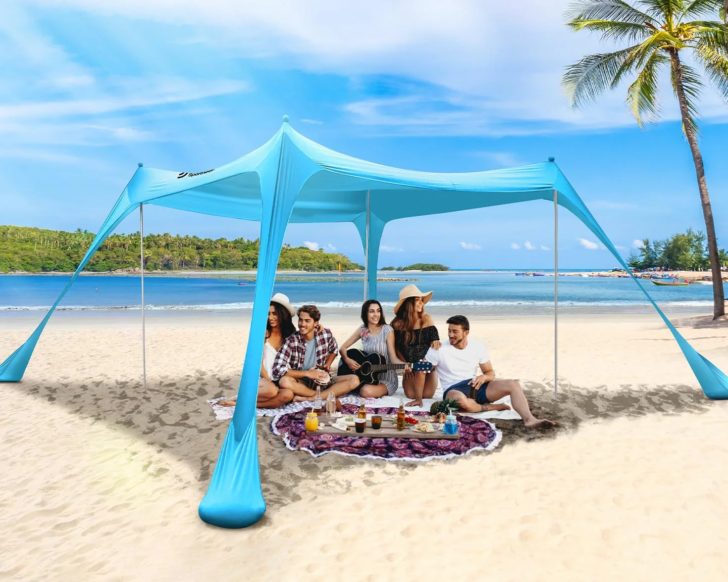 Sportneer - Tenda a baldacchino da spiaggia, tenda da spiaggia, parasole UPF50+, con 4 pali di stabilità, pala di sabbia e picchetti per spiaggia, campeggio, cortile, picnic all'aperto