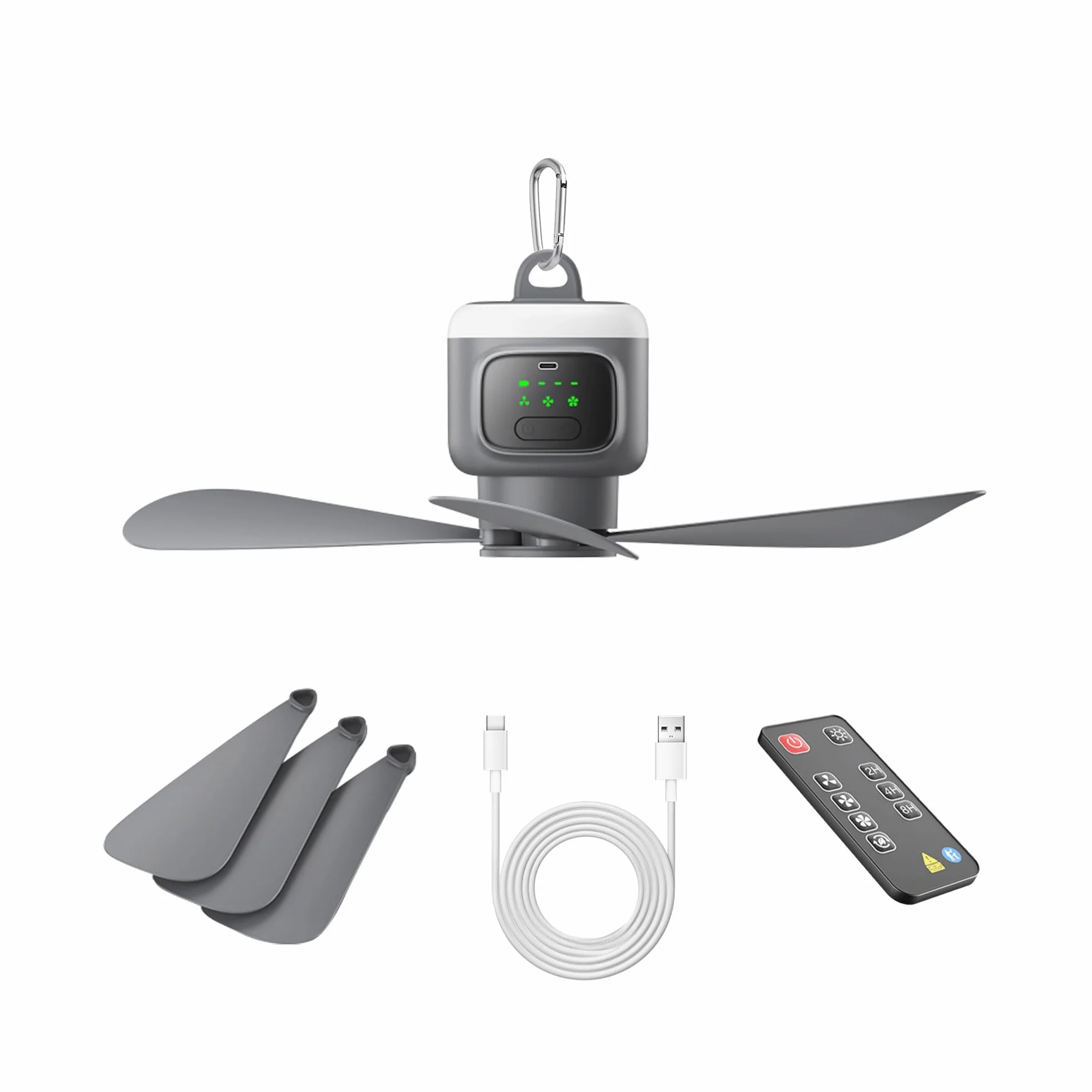 VVU&CCO Ventilatore da soffitto portatile ricaricabile con luce, 12000 mAh, funzionamento a batteria, tempo di utilizzo fino a 16 ore, regolazione 4 velocità, timer 2/4/8 ore, ventilatore da soffitto