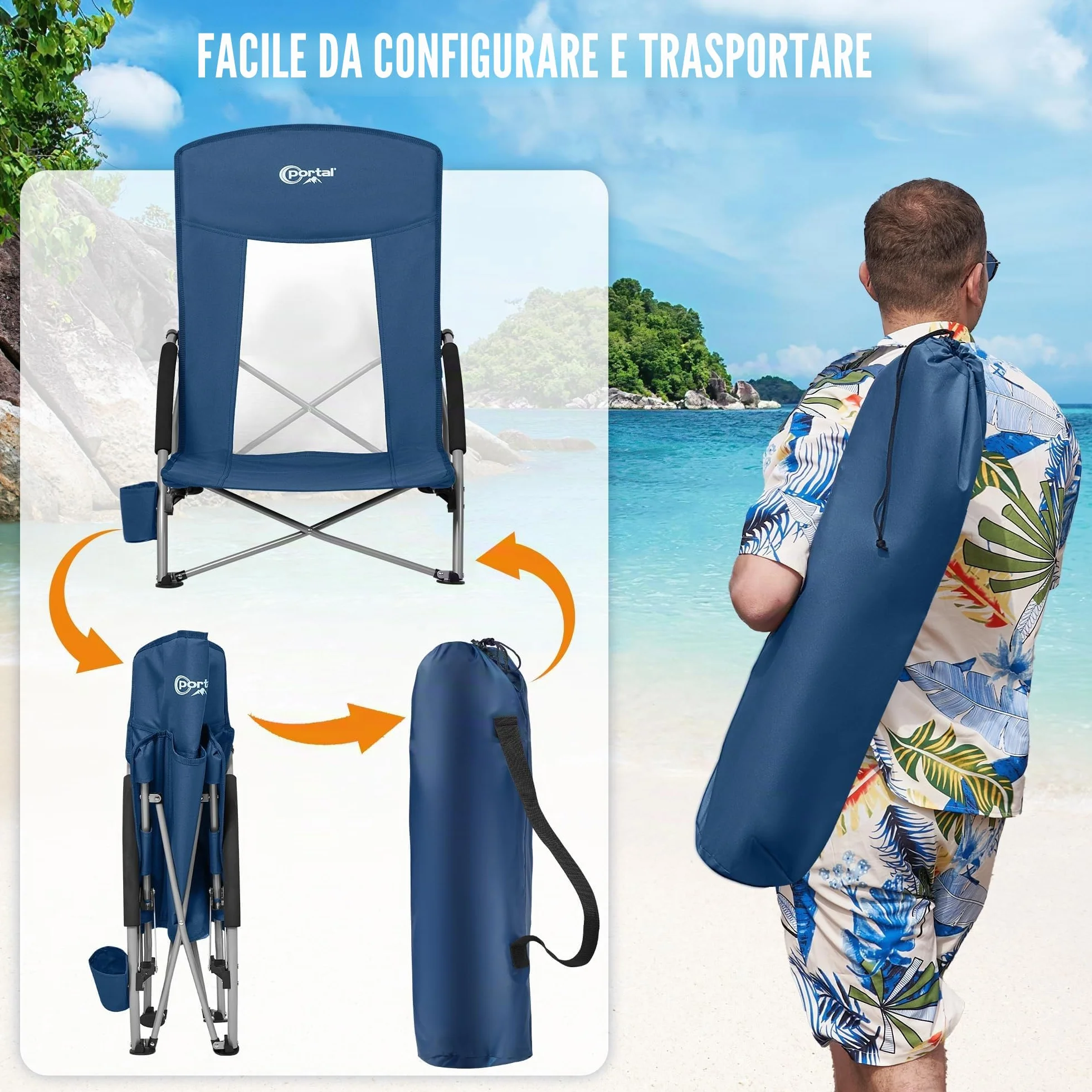 Sedie da spiaggia per adulti pieghevoli leggere portatili con portabicchieri confezione da 2