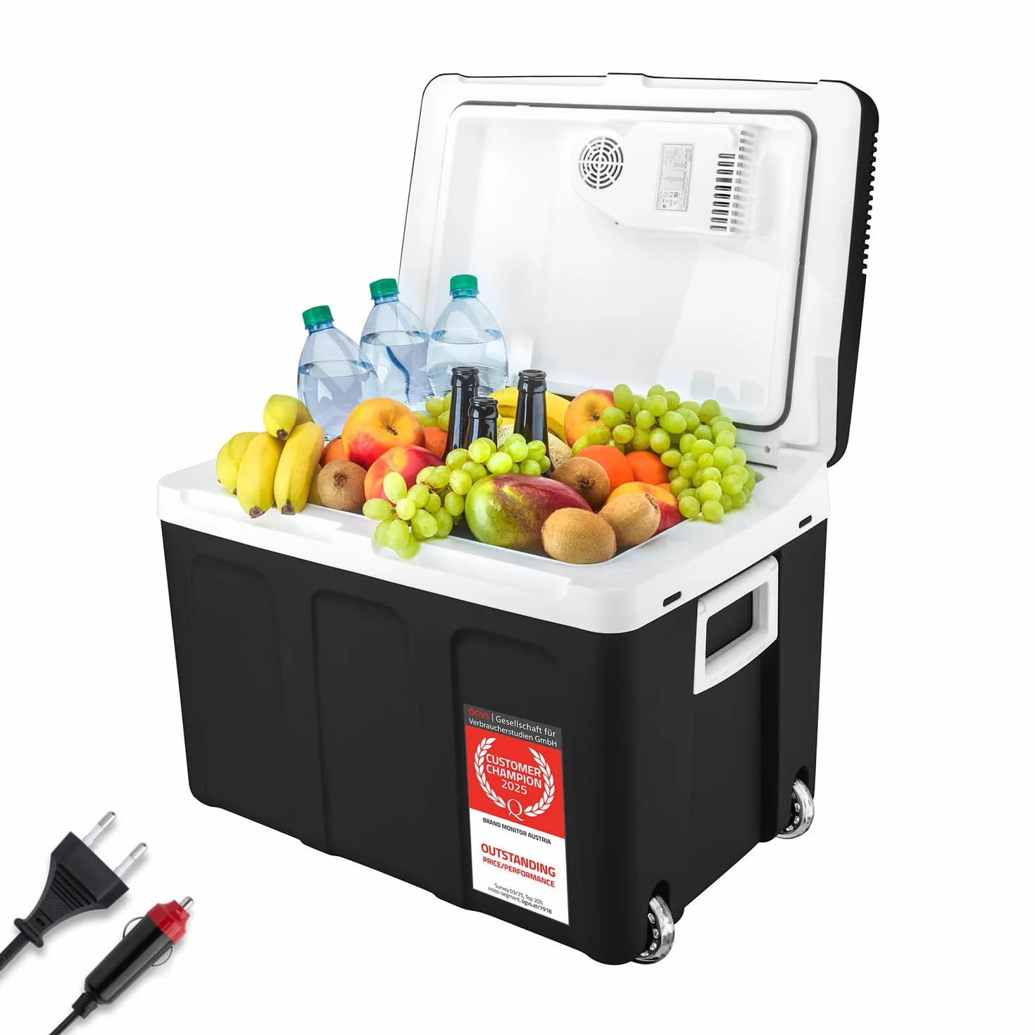 TZS First Austria - Frigorifero portatile 45L elettrico 12V 230V presa per auto e standard - Frigo termoelettrico raffredda e riscalda - Coolbox con ruote - Per campeggio, festival, viaggi - Nero