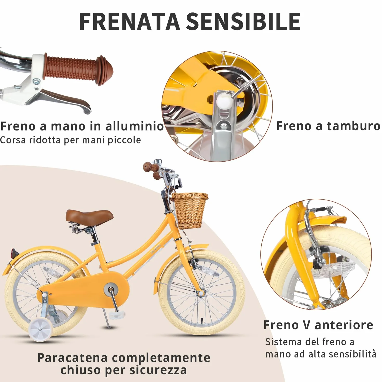 Bicicletta per bambine con cestino 12-20 pollici con campanello e stabilizzatori