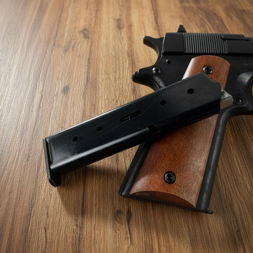 Pistola a Salve Mod. 1911 Top Firing 9 mm, Segnalatore Acustico Scacciacani, Nera e legno - Kit con Olio Ballistol