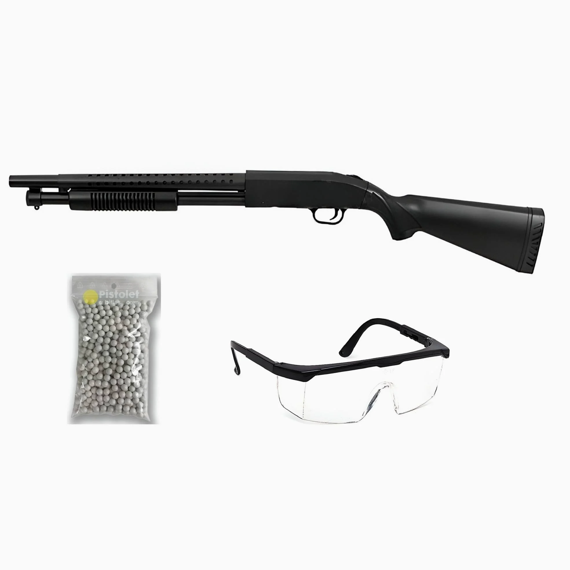 THE REPLICANT Pacchetto Replica Airsoft Fucile M500 A SWAT con Calcio Completo + 600 Pallini da 0,20 g e Occhiali protettivi