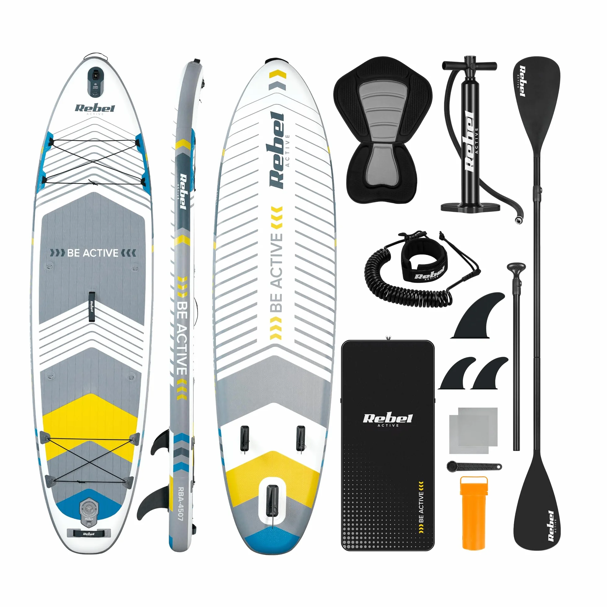 Rebel Electro Tavola da SUP gonfiata 335 cm con sedile, zaino e pompa a pagaia RBA-4507-WH