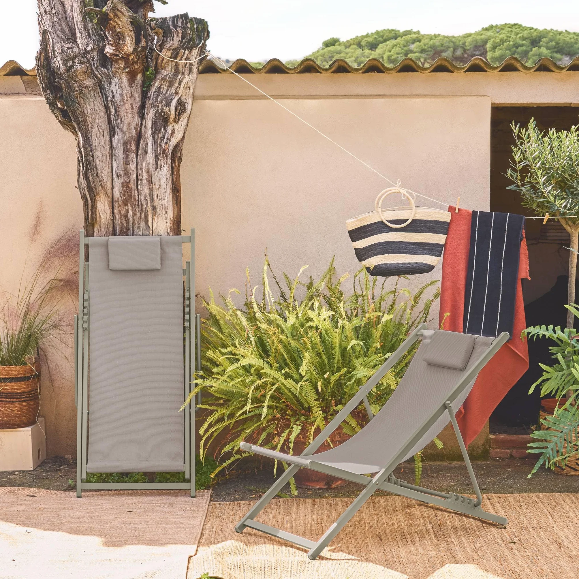 Set 2 sedie sdraio pieghevoli con cuscino e multiposizione Verde kaki - 102x62x81 cm