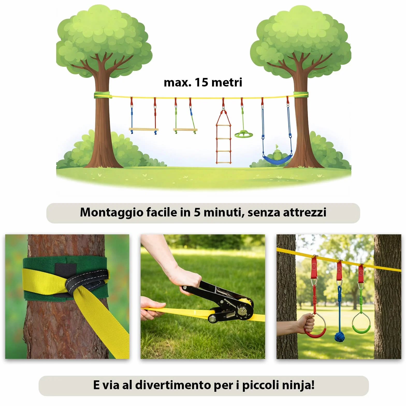ALPIDEX Ninja Warrior Set 15 m Slackline Percorso Sospeso Ostacoli Ginnastica Bambini