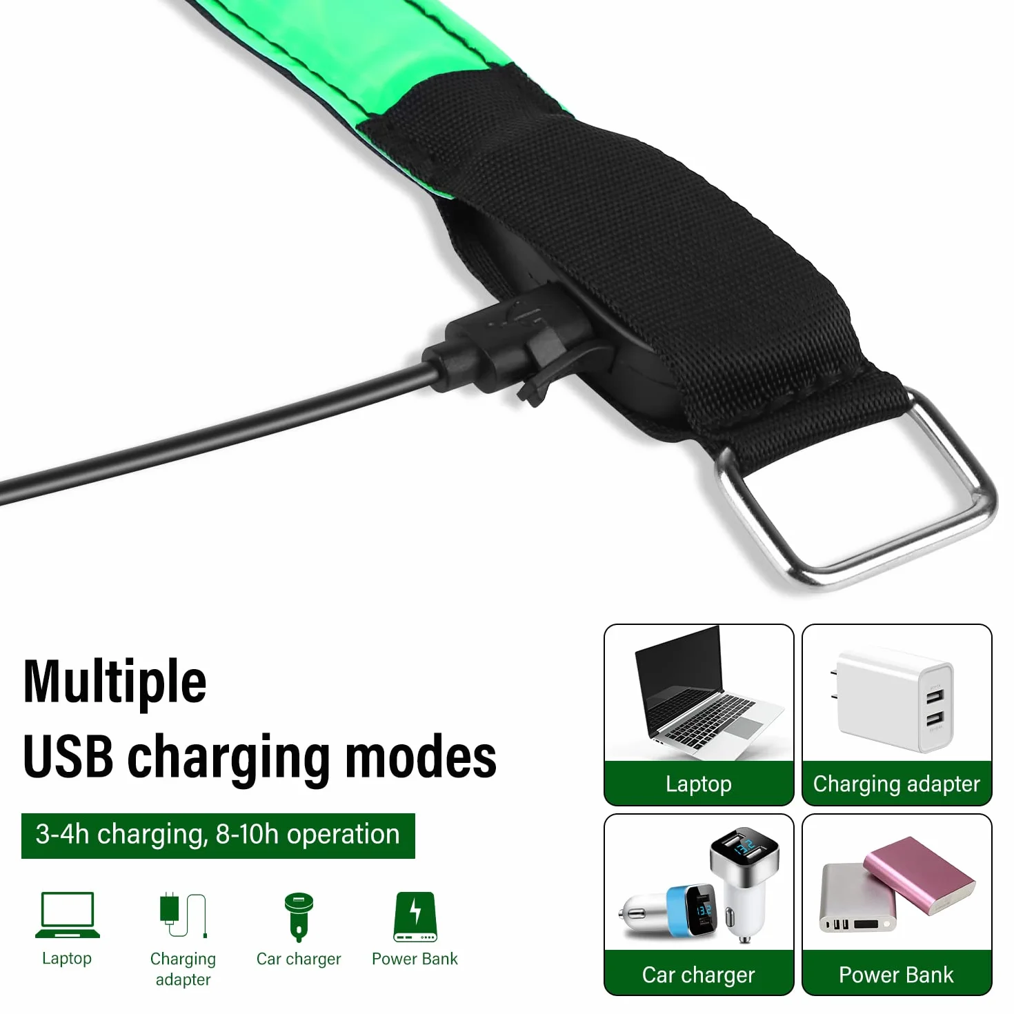 Bande Catarifrangenti LED Braccialetto Ricaricabile USB 3 Modalità Illuminazione Fascia Braccio Sicurezza Alta Visibilità per Running Bici Corsa Notturna (Verde)