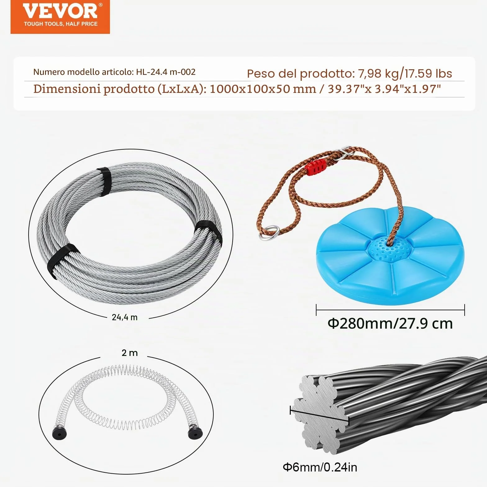 VEVOR Kit Teleferica Zipline 24,38 m Giardino Cortile Parco Corda Scivolo Corrimano Seduta Carico Max 149 kg