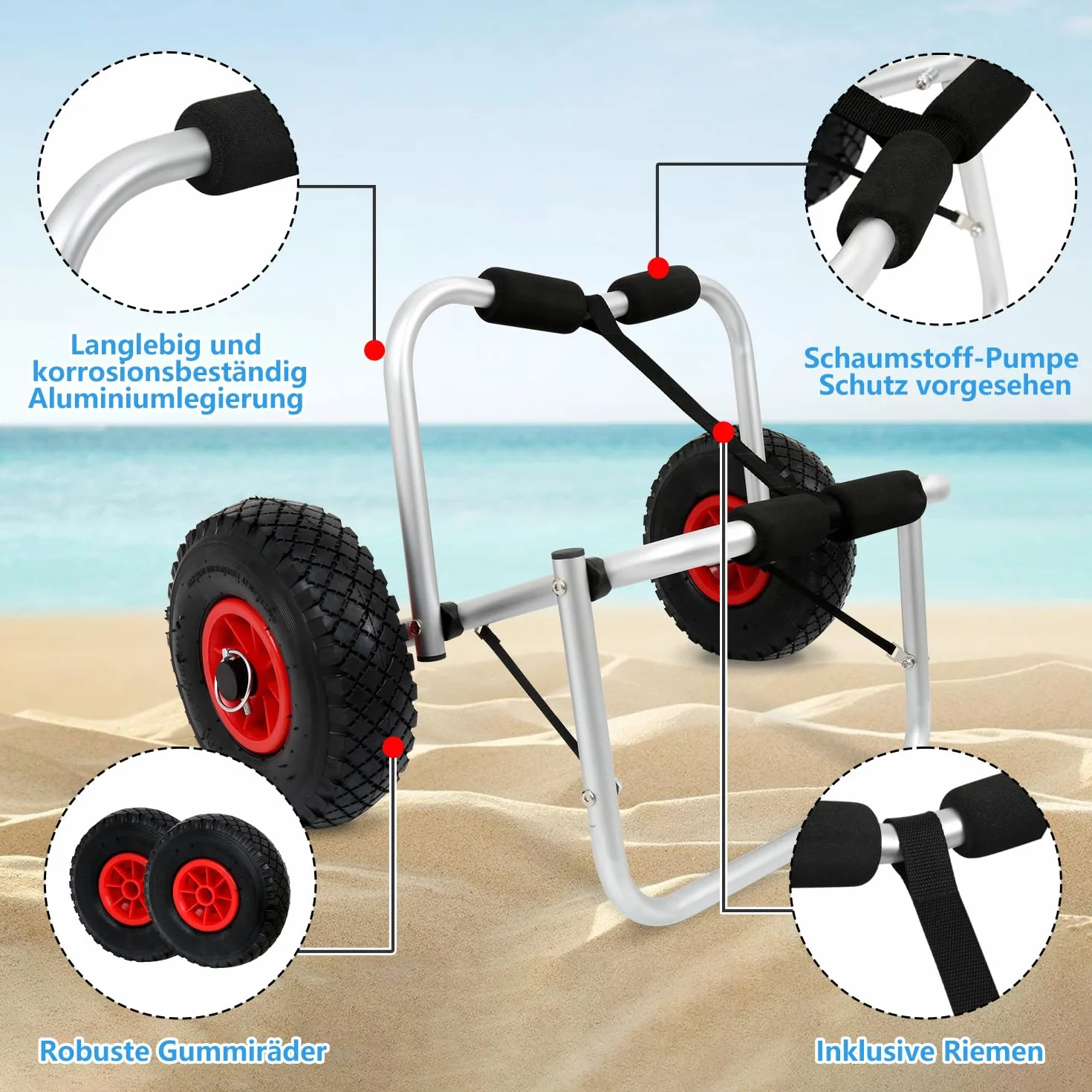 Carrello Pieghevole per Kayak in Alluminio, 100 kg, Ruote PU 26 cm, Cintura PP