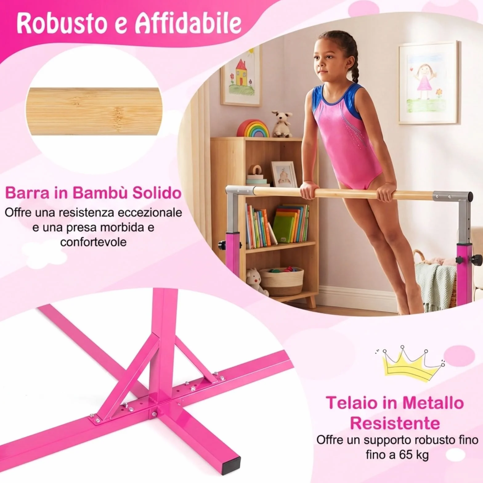 COSTWAY Sbarra per Ginnastica e Danza per Bambini, Barra in Metallo e Bambù Regolabile in Altezza 85-145 cm, Portatile con Cuscinetti Antiscivolo