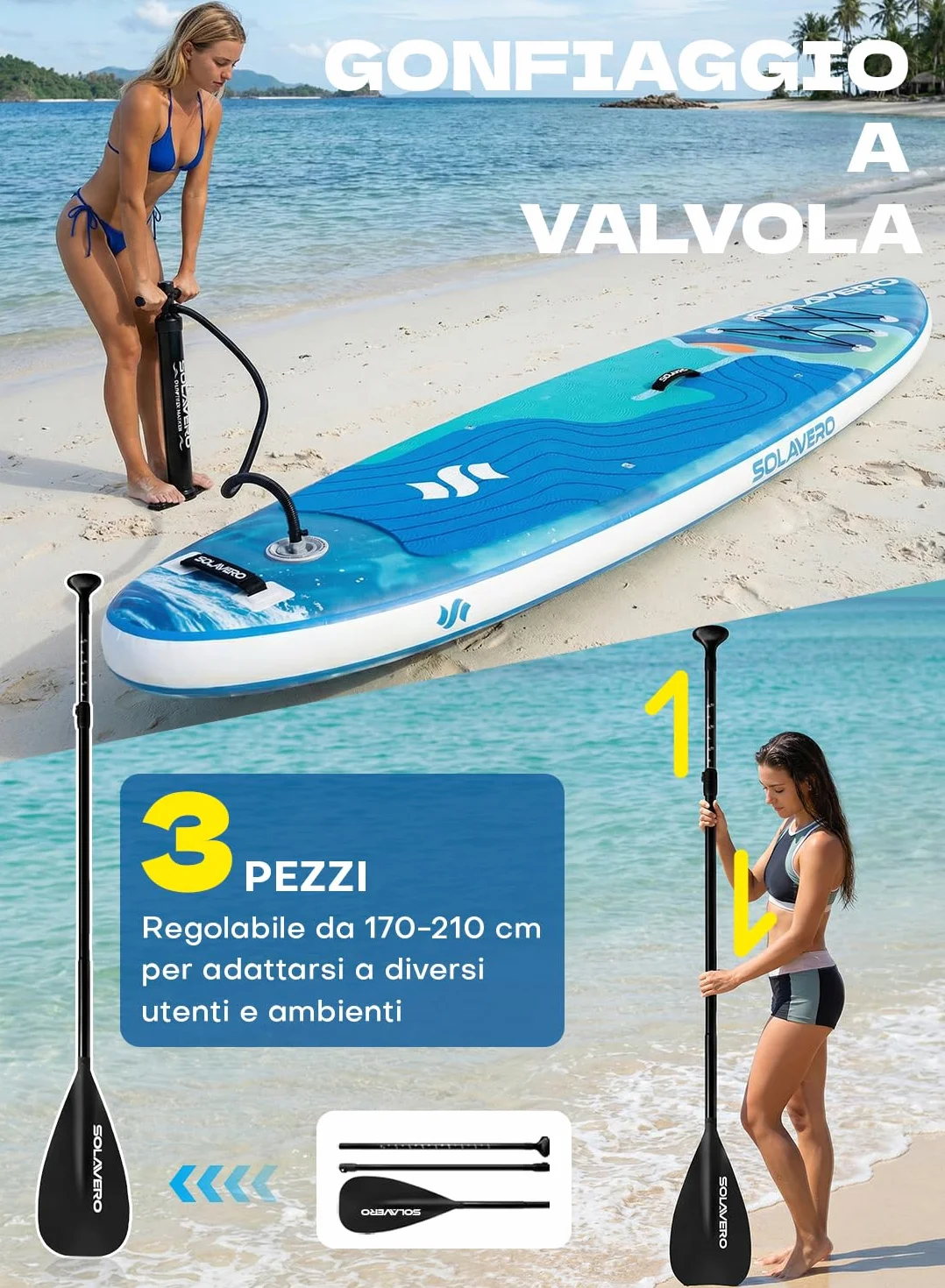 SOLAVERO Tavola da Sup Gonfiabile, 335 x 83 x 15 cm Tavola da Paddle con Antiscivolo EVA, Pagaia Regolabile, 3 Pinne, Surf Gonfiabile per Tutti i Livelli di Abilità, Fino a 200kg
